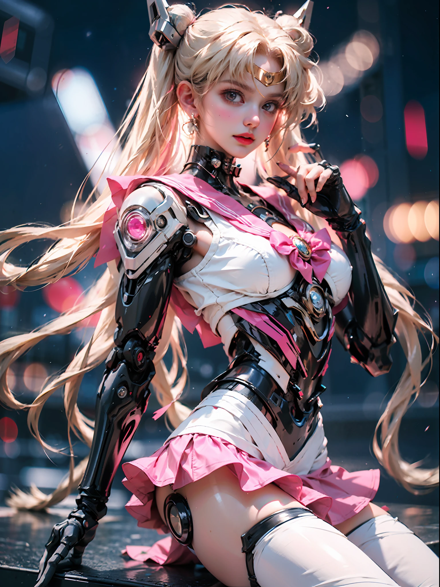 Masterpiece, detailed details, 1 mechanical girl: 1.4, cyberpunk style, sci-fi style, sailor Moon, long blonde hair, humanoid body, pink white sailor suit, red bow on chest, delicate facial features, mechanical arm, pink short skirt, night, starry sky, moon in the background