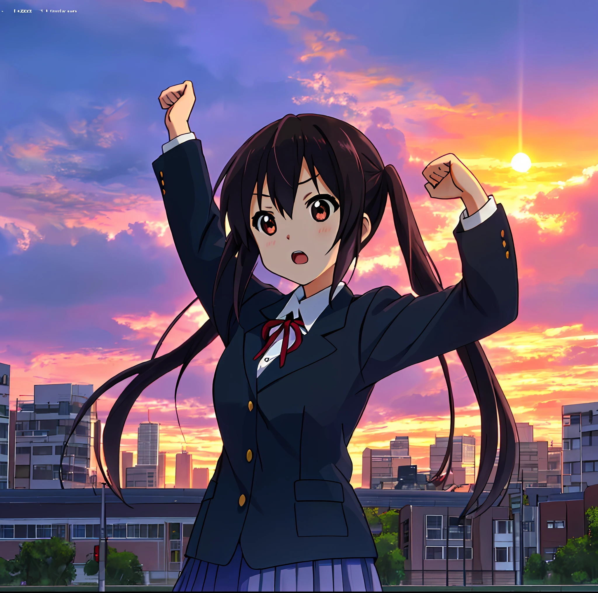 1girl, ((((Masterpiece))), Best Quality, Best Quality, High Detail, Azusa Nakano, 1girl, Sakuragaoka High School Uniform, Musical Instrument, School Uniform, Twin Tails, Long Hair, Black Hair, Brown Eyes, Solo, Red, Dark blue blazer with a thin ribbon of red, Solid white button shirt under blazer, Illustration, Cartoon, Soothing tones, Muted colors, Soft cinematic light, Adobe Lightroom, Photo Lab, HDR, complex and highly detailed, (((depth of field))))). (((Masterpiece))). (((highest quality))).) ((super detail))). (((Illustration))). (((fighting stance))).,((((Gigantic))).dynamic focus. (((skyscrapers))). (((Cityscape))). (((Despair Face))). open mouth. (((Sunset))). (((Sunset))). (((clench fists))). (((Proud))). (((small breasts))). (((Raise arms))). (((One arm is bent))).