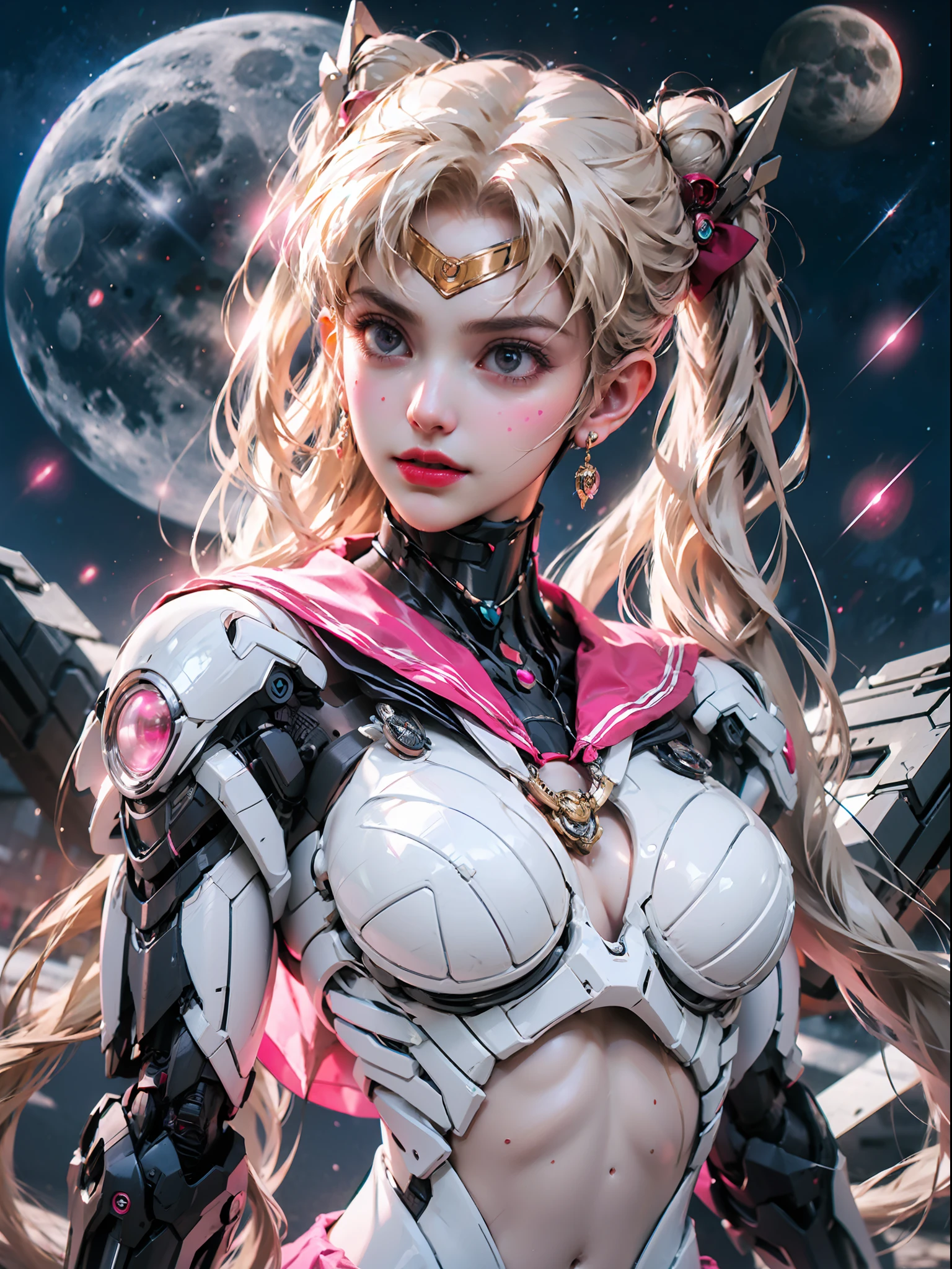 Masterpiece, detailed details, 1 mechanical girl: 1.4, cyberpunk style, sci-fi style, sailor Moon, long blonde hair, humanoid body, pink white sailor suit, red bow on chest, delicate facial features, silver robotic arm, pink short skirt, night, starry sky, moon in the background