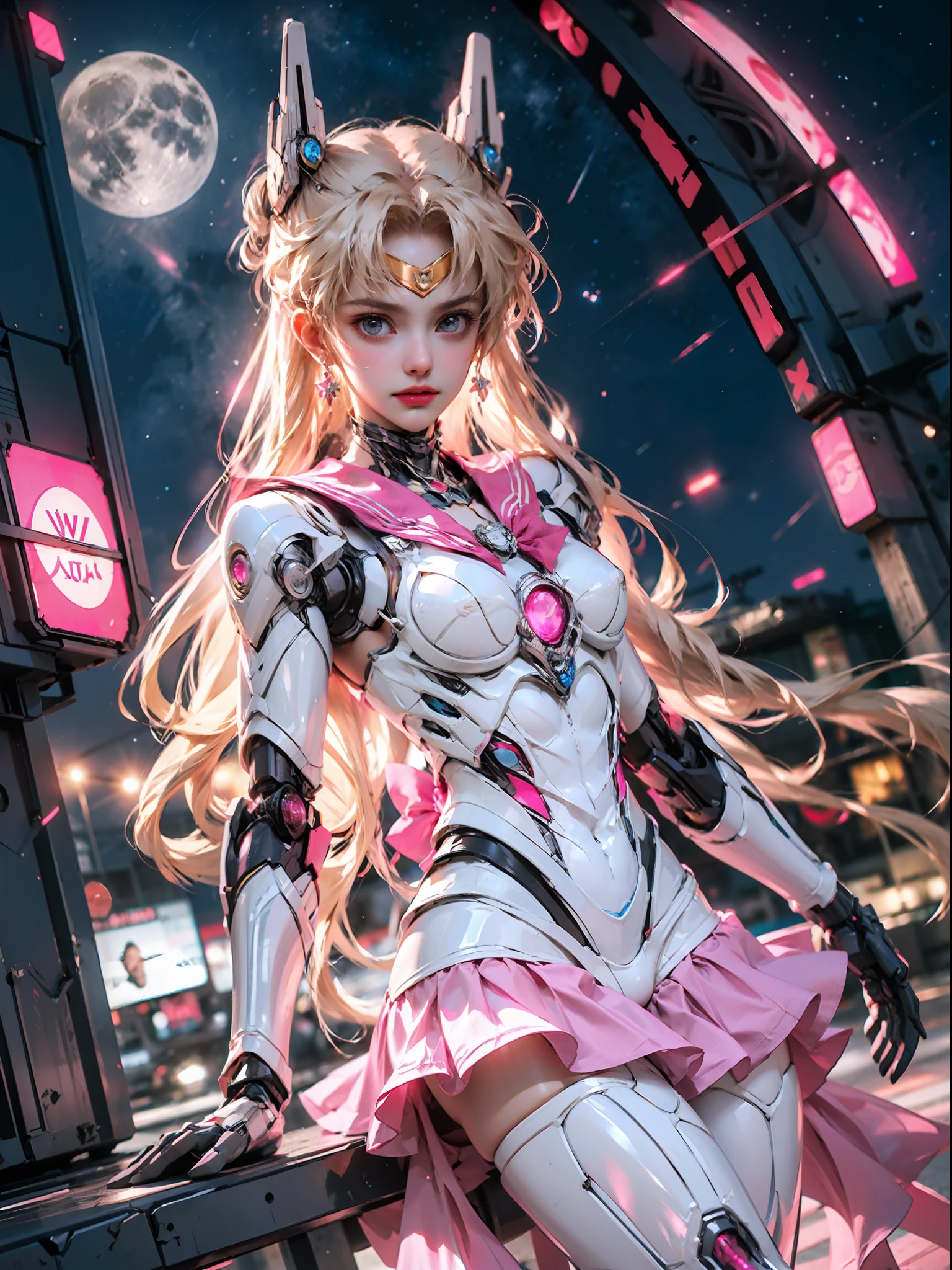 Masterpiece, detailed details, 1 mechanical girl: 1.4, cyberpunk style, sci-fi style, sailor Moon, long blonde hair, humanoid body, pink white sailor suit, red bow on chest, delicate facial features, silver robotic arm, pink short skirt, night, starry sky, moon in the background