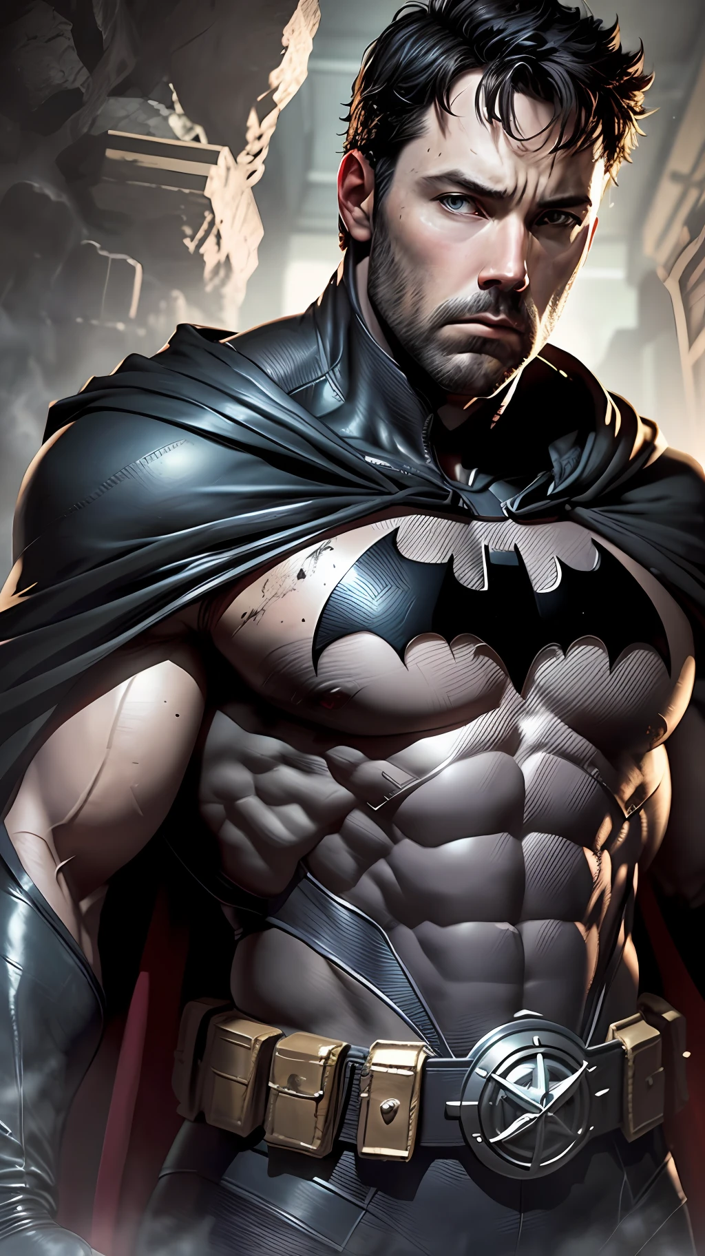 1 man, solo, Ben Affleck as Batman, tall, hunk, muscular, bulk, wide shoulder, photorealism, dark dirty grey suit, dark grey arms, ((no mask)), mask off, black hair, black gloves, best quality, masterpiece, high resolution:1.2, black cape, high detailed mask, high detailed suit, high detailed face, award winning, night time, a dark cave in the background, indoors