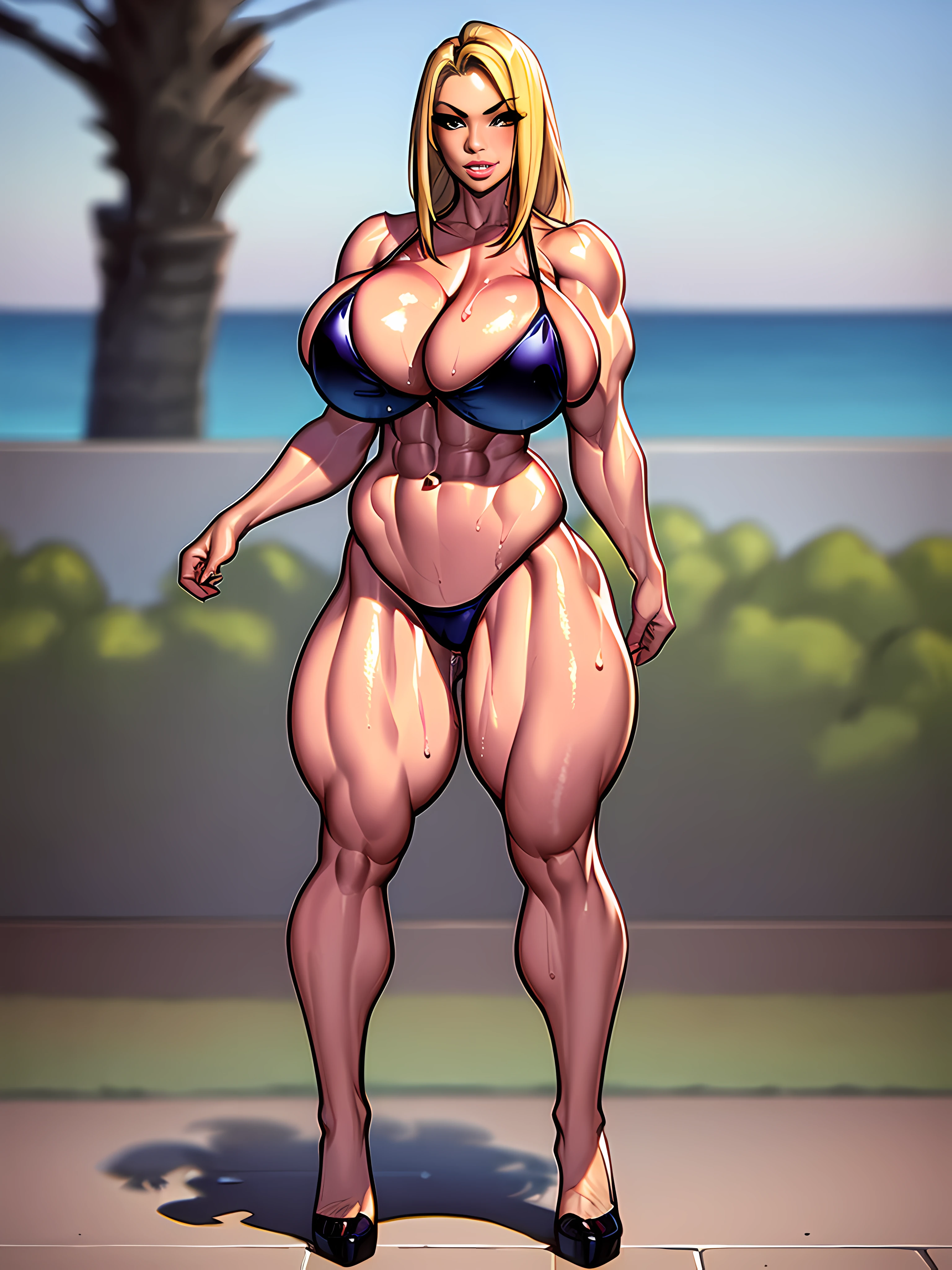 ((Masterpiece)), ((Perfect Face)), ((Best Quality)), 1girl, Mature Female Bodybuilder, Big Muscles, Wet Crotch, Blonde, Big Breasts, Huge Legs, Big Buts, Bikini, Beautiful, Full Body Centering Using 6/7 Image Width