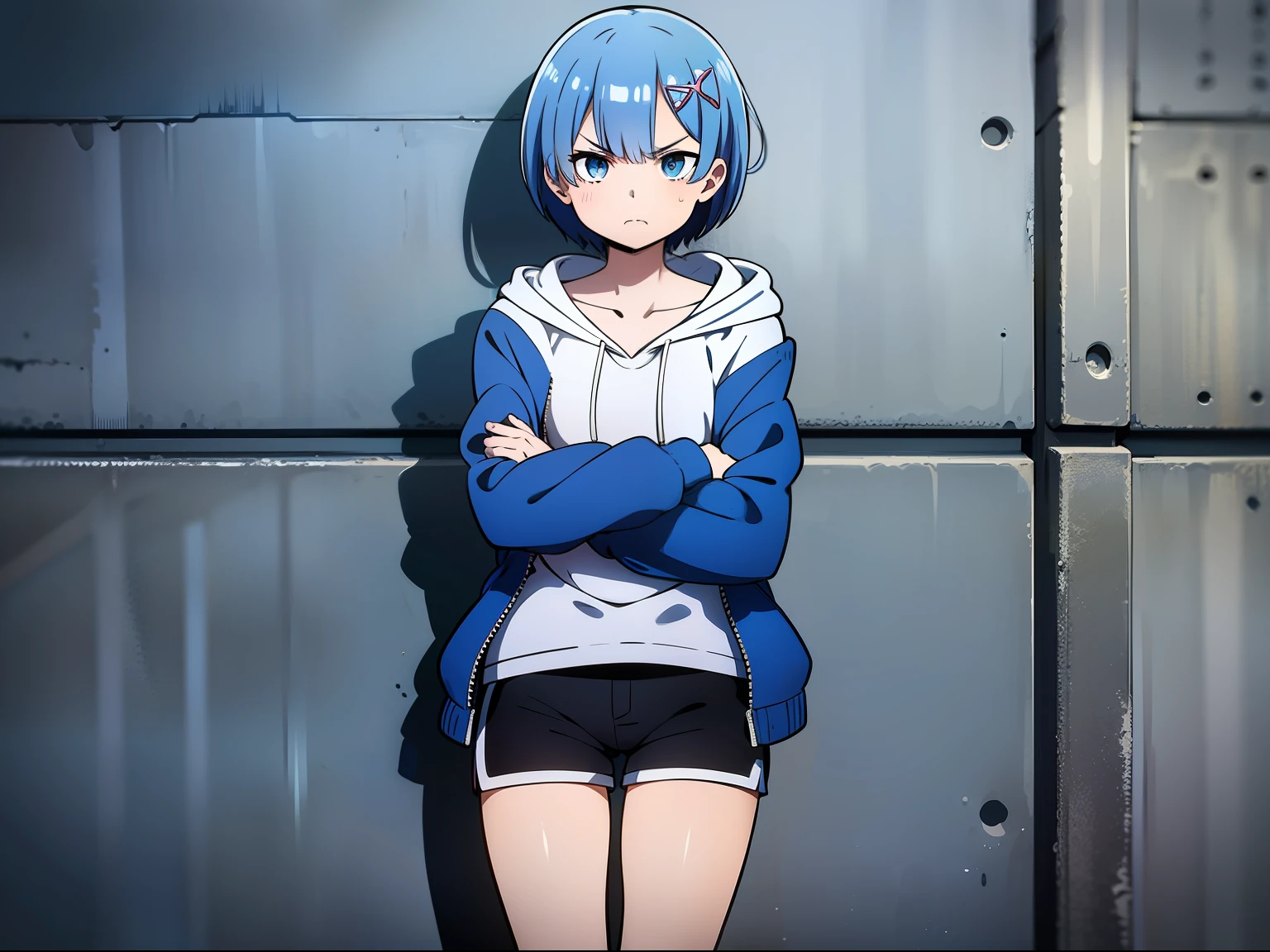 masterpiece, rem rezero, blue hair, blue eyes, detailed eyes, angry face, blue jacket hoodie, white shirt, dark shorts, casual oufit, middle of the street, legs apart, arms crossed,