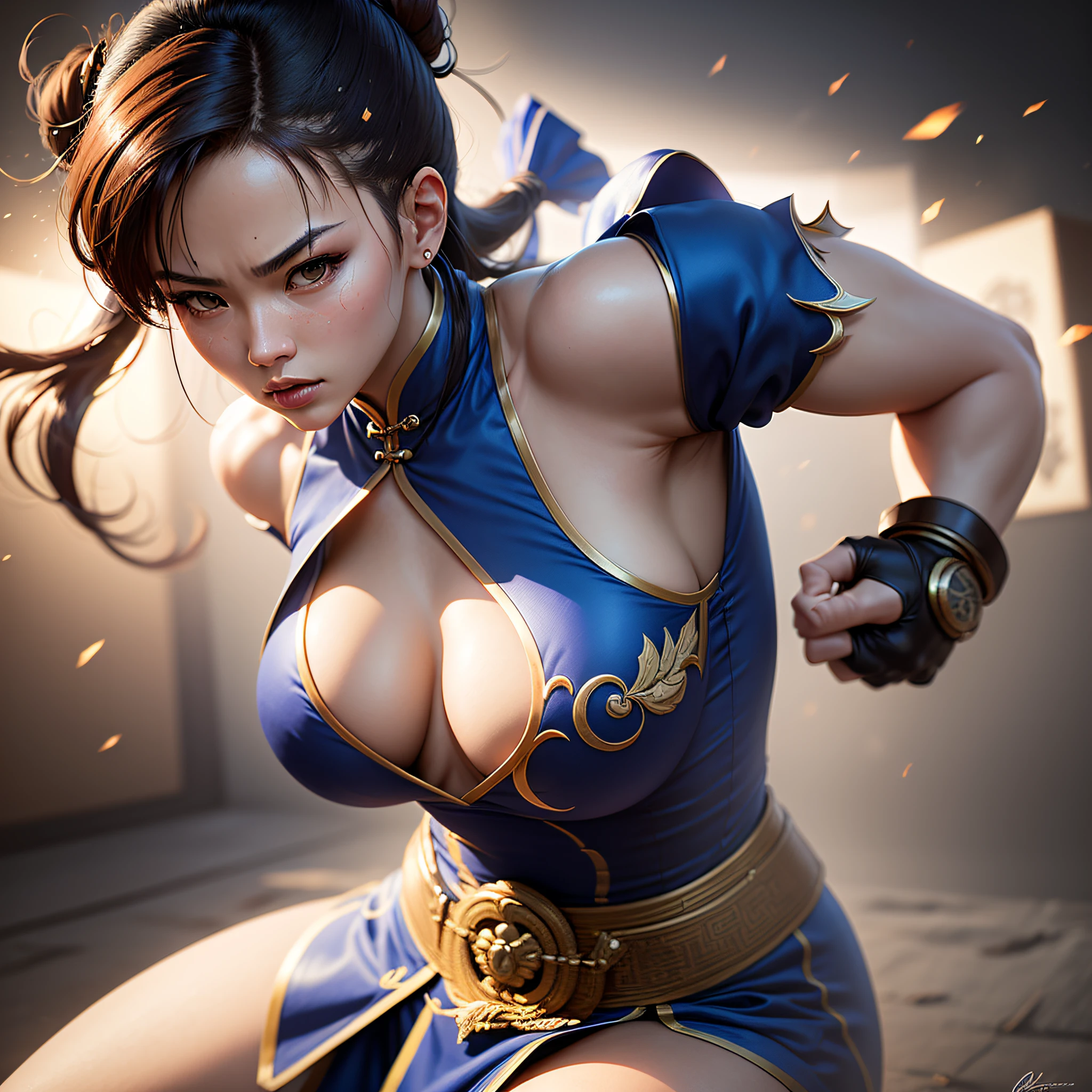 Create a hyperrealistic masterpiece of Chun-Li, the iconic character from the second Street Fighter game. Capture her dynamic fighting stance and powerful kicks with exquisite detail. The image should be in high definition (HD) and rendered in stunning 8K resolution, showcasing every intricate feature and texture. Pay special attention to the fine details of Chun-Li's costume, including her traditional qipao dress and signature ox horn hairstyle. Utilize dramatic lighting to enhance the intensity of the scene, emphasizing her strength and determination. This photo prompt aims to immortalize Chun-Li as a true work of art, showcasing her beauty, grace, and martial arts prowess. --auto