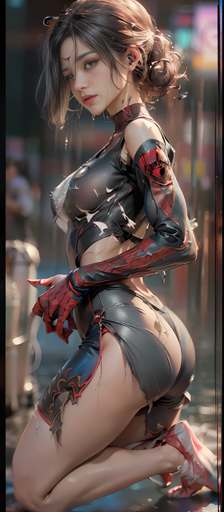 (Best Quality), ((Masterpiece), (Details: 1.4), 3D, HDR (High Dynamic Range), Ray Tracing, NVIDIA RTX, Super Resolution, Unreal 5, Subsurface Scattering, PBR Textures, Post Processing, Anisotropic Filtering, Depth of Field, Maximum Acutance and Acutance, Multilayer Textures, Albedo and Highlight Maps, Surface Shading, Accurate Simulation of Light-Material Interactions, Perfect Proportions, Octane Rendering, Bicolor Light, Large Aperture, Low ISO, White Balance, Rule of Thirds, 8K RAW, Pink puffiness, ????, ((2 girls love each other)), (crowd watching), exposed, seductive, ????, ((Spider-Man uniform)), ((Spider-Man pose)) movies, tears, teardrops, (torn clothes: 1.2), (transparent wet clothes: 1.8), (perspective part: 1.8), charming leg temptation, drooling, ???? shoulders, real rain, wet hair, wet torn panties, ??????? coming out, sweaty skin, blushing, (??? in in face:1.2),(??? in ????:1.2),(??? in ???:1.2),(on stage),(he's wet), (panties off half)