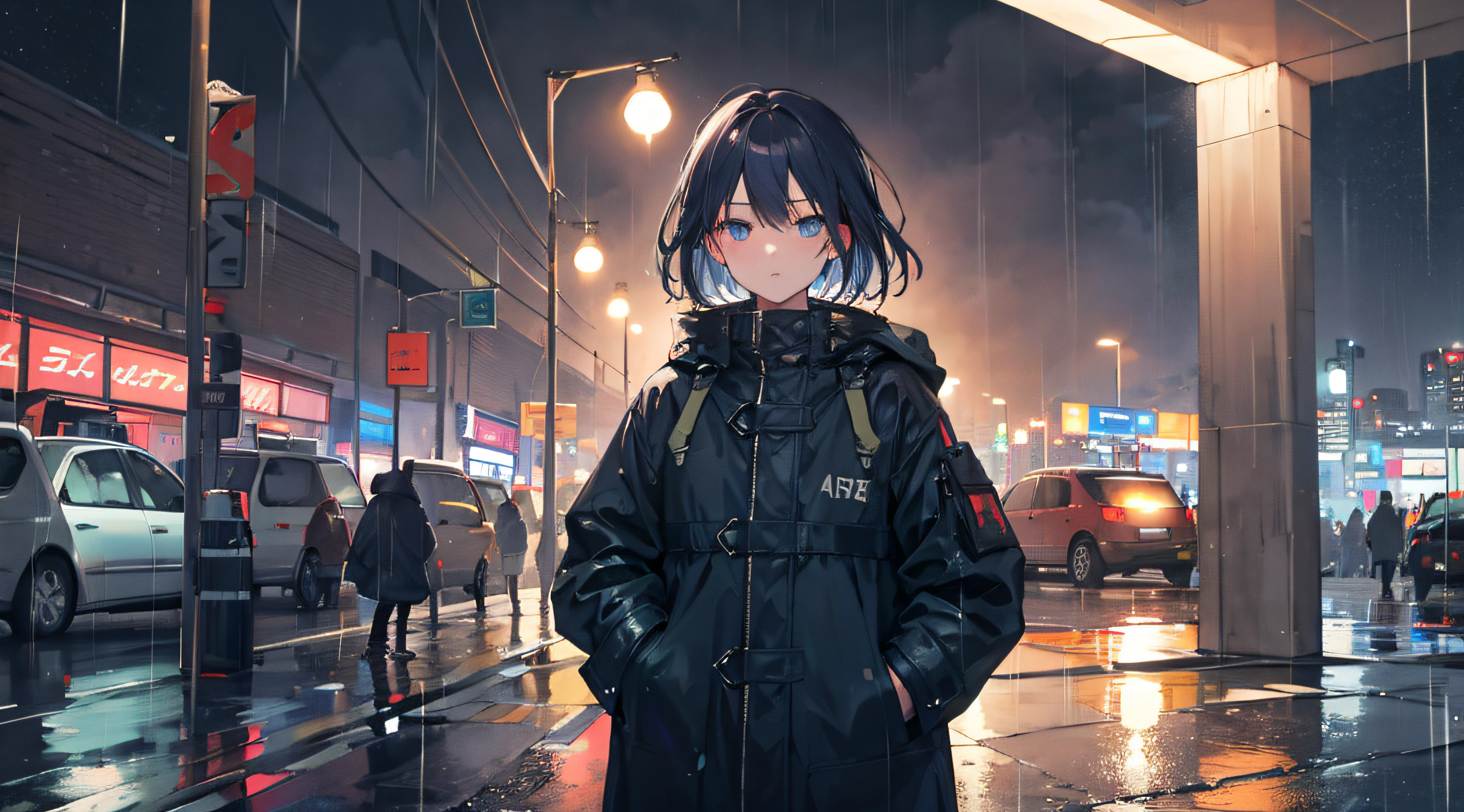 1girl, Night City, rain, coat, hands in pockets