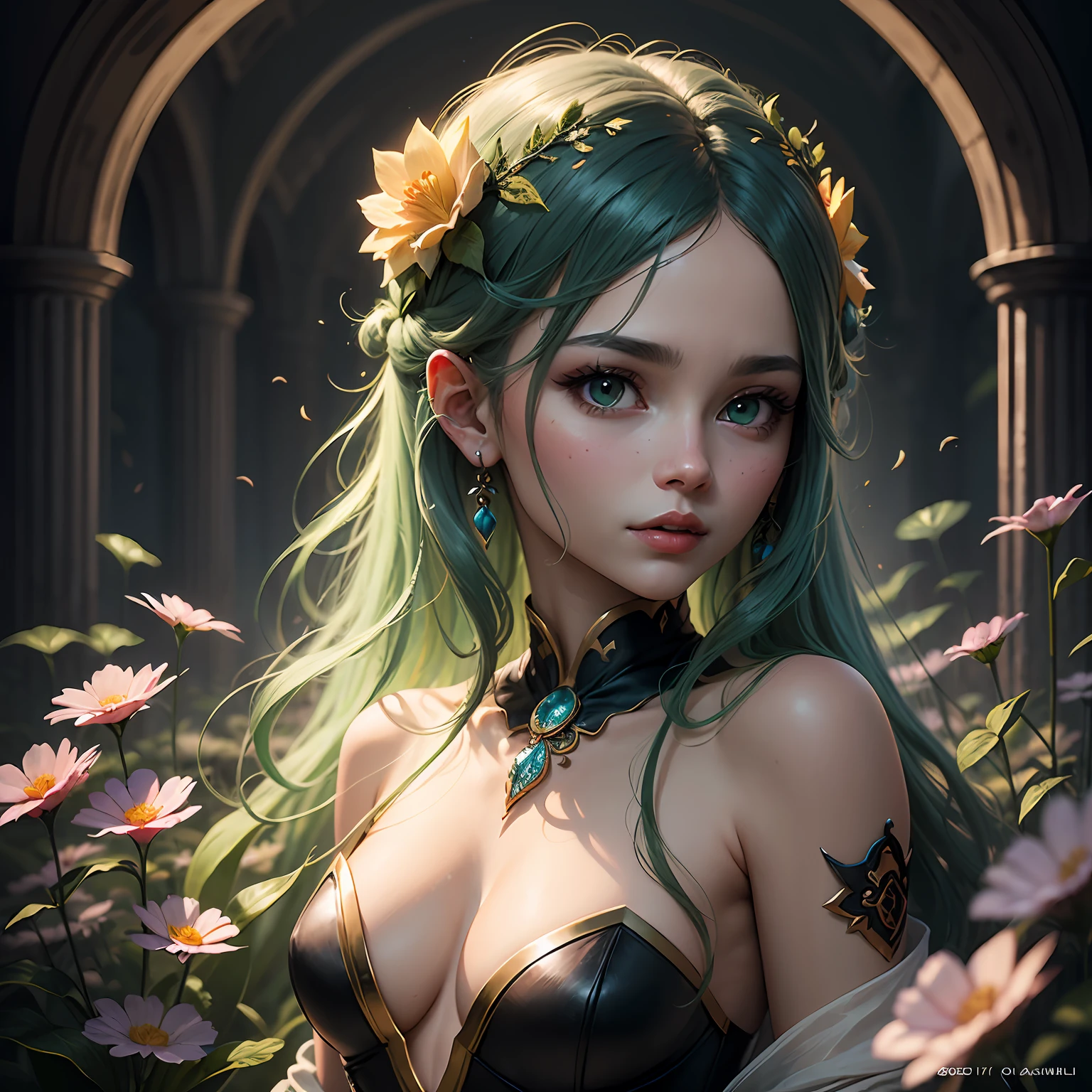 fairy, anime girl with green hair and flowers in her hair, very beautiful digital art, beautiful digital art, beautiful digital art, beautiful digital illustration, digital fantasy art), beautiful digital art, beautiful fantasy art portrait, beautiful fantasy portrait, beautiful digital art, fantasy art style, nature goddess, beautiful fantasy art,  beautiful digital painting, beautiful spirit of the young wind, beautiful detailed digital art