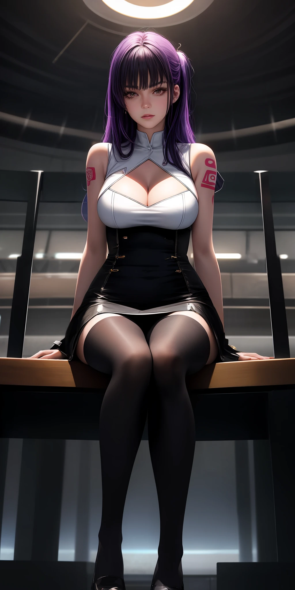 1 girl, beautiful face, seductive expression, long purple hair, flowing, multiple hairstyles, blue pupils, red face, slightly open lips, full breasts, convex buttocks, tattoos, white tight hip skirt (black and green lines on the sides of the skirt), black tunic, black stockings (length to upper knees), white booties (wrapped around ankles), sitting with legs upturned, graceful sitting position, front view, chest focus, hip focus, from below, detailed clothing details, dynamic angle, terminal harem, realistic, edge lighting,masterpiece 8k ultra hd, dslr camera, high quality, high resolution, 8k, bokeh, absurd,gorgeous background,sci-fi background,futuristic background,detailed background detail,masterpiece,high quality,