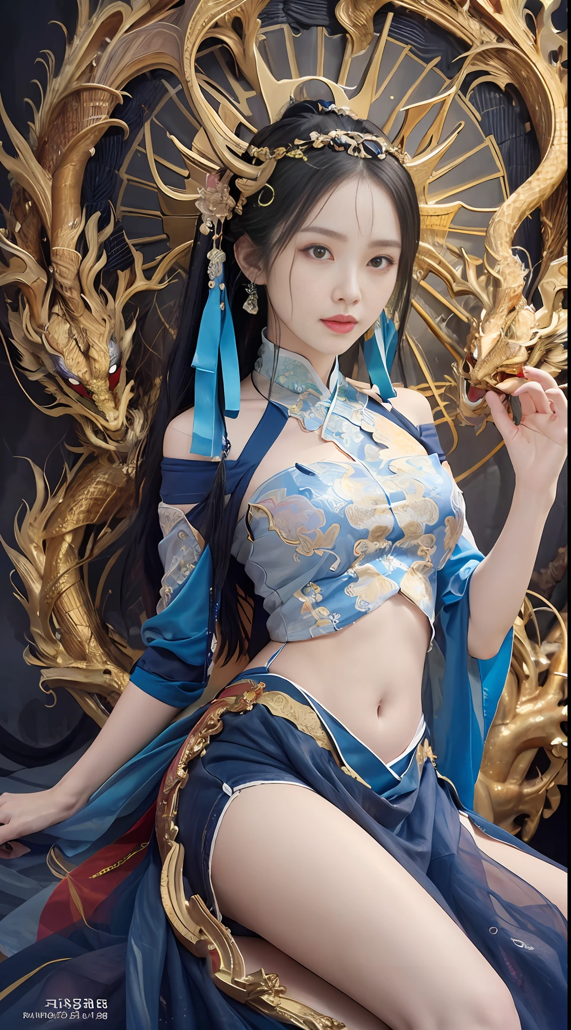 Zhong Fenghua, gorgeous hanfu, official art, Unity 8k wallpaper, super detailed, beautiful beauty, masterpiece, best quality, (tangled, tangled, tangled), (fractal art: 1.4), (character center: 1.3), 1 girl, dragon rape girl, shocking domineering chinese dragon, detailed dragon head, black hair, long ponytail, Chinese, off-the-shoulder,, very detailed, dynamic angle, denim lens with exposed leg skin, (most beautiful form of confusion), ethereal, (bright colors), oc, (half: 1.2), China, (Thangka Feitian: 1.5), (Ribbon: 1.3), (Dream: 1.5), (Hanfu: 1.5), Chinese Dragon, Chinese Phoenix, (Smile: 0.5), (Chinese God), (Masterpiece, Top Quality, Best Quality, Ultimate Detail, Highest Detail, Official Art, Beauty and Aesthetics: 1.2), Golden Ratio, Full Composition