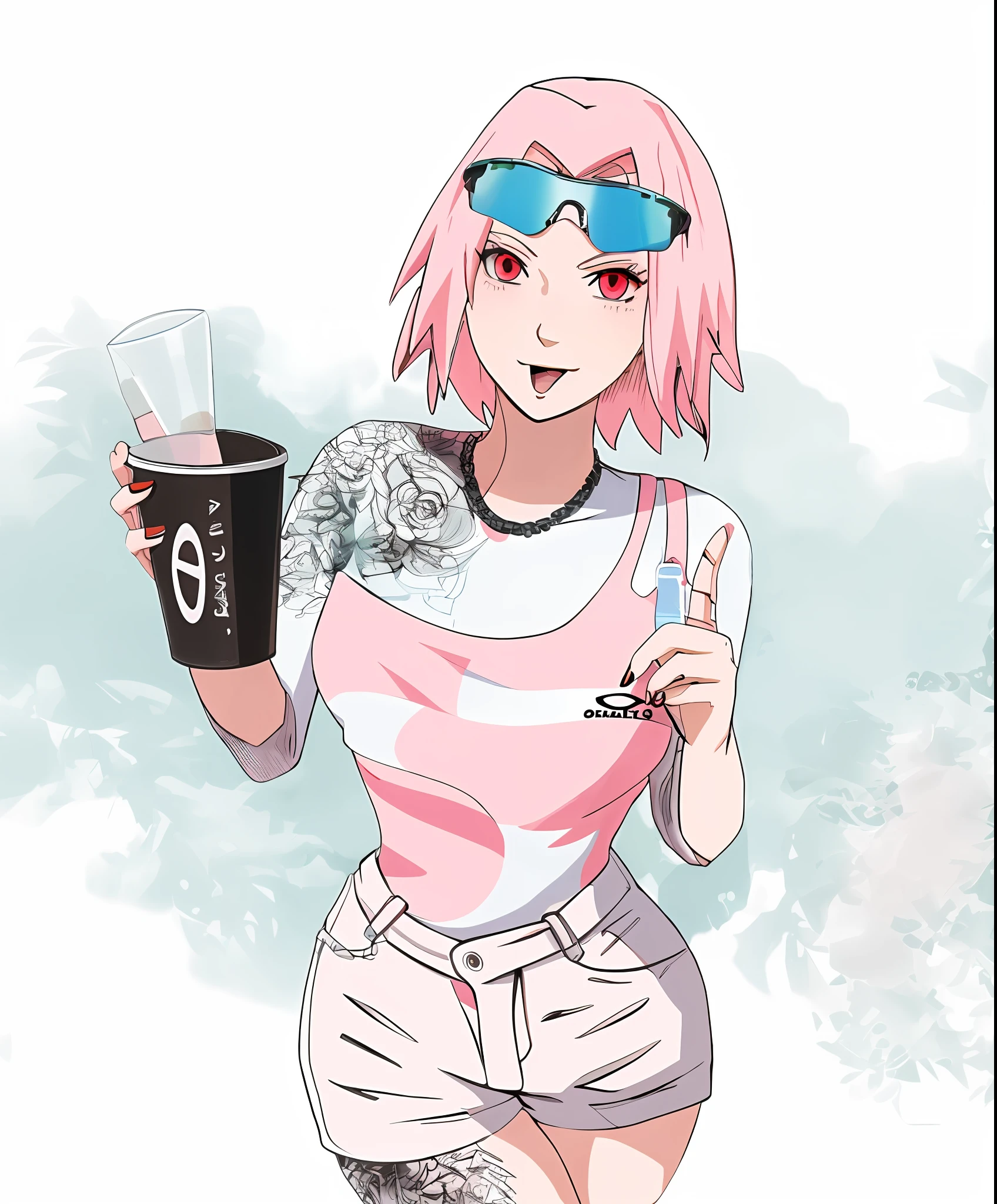 Anime character woman, with light pink hair, with tattoos and reflective Oakley glasses, 2D anime style, anime aesthetic, Sakura from Naruto anime, light white skin, oakley drink cup, oakley outfit, silver chain, ballad or electronic party background, keep the details of the letters of the brands.