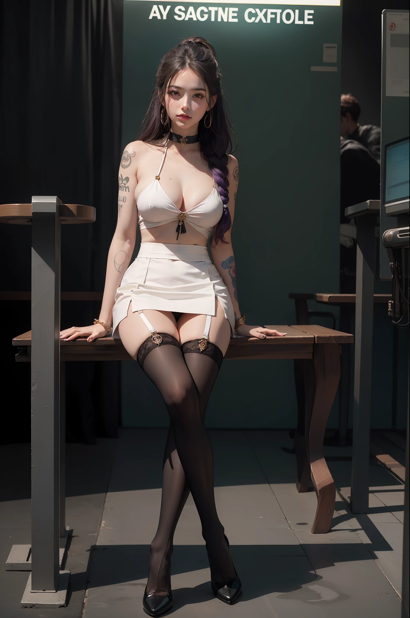 1 girl, beautiful face, seductive expression, long purple hair, flowing, multiple hairstyles, blue pupils, red face, slightly open lips, full breasts, convex buttocks, tattoos, white tight hip skirt (black and green lines on the sides of the skirt), black tunic, black stockings (length to upper knees), white booties (wrapped around ankles), sitting with legs upturned, graceful sitting position, front view, chest focus, hip focus, from below, detailed clothing details, dynamic angle, terminal harem, realistic, edge lighting,masterpiece 8k ultra hd, dslr camera, high quality, high resolution, 8k, bokeh, absurd,gorgeous background,sci-fi background,futuristic background,detailed background detail,masterpiece,high quality,