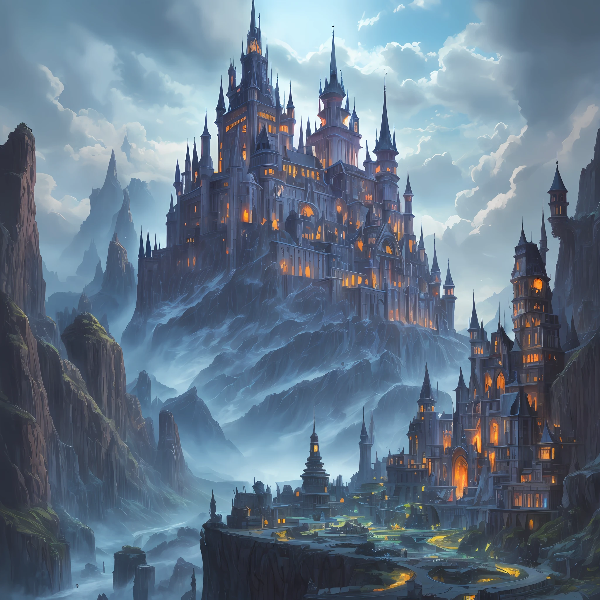 A closeup of a blue castle with a lot of windows in it, detailed fantasy art, fantasy architecture, detailed digital fantasy art, highly detailed fantasy art, high fantasy blue castle, detailed matte fantasy painting, detailed fantasy illustration, 2D detailed digital fantasy art, medieval fantasy art, blue epic castle with high spires, 4K Fantasy Art, Symmetrical Epic Fantasy Art, High Fantasy Illustration