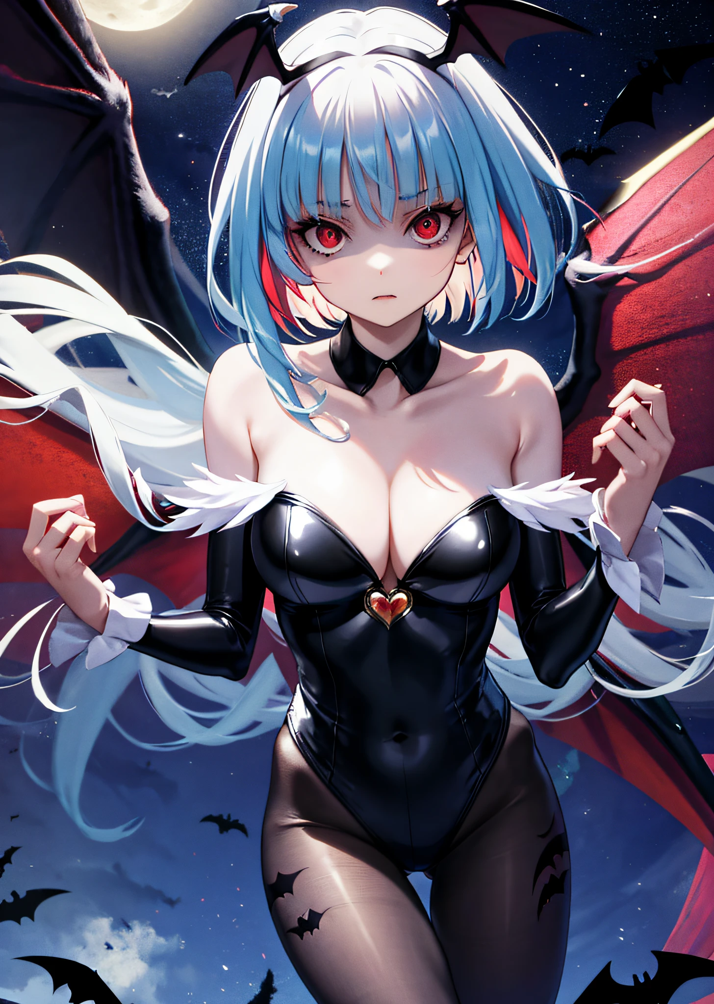 1girl, breasts, chest jewel, pantyhose, head wings, solo, big breasts, red hair, morrigan aensland, wings, animal print, bat print, short hair, red eyes, print legwear, sweep bangs, leotard, bat wings, cleavage, bangs, headdress, Claw style, bare shoulders, black leotard, looking at the audience, night, moon, simple background