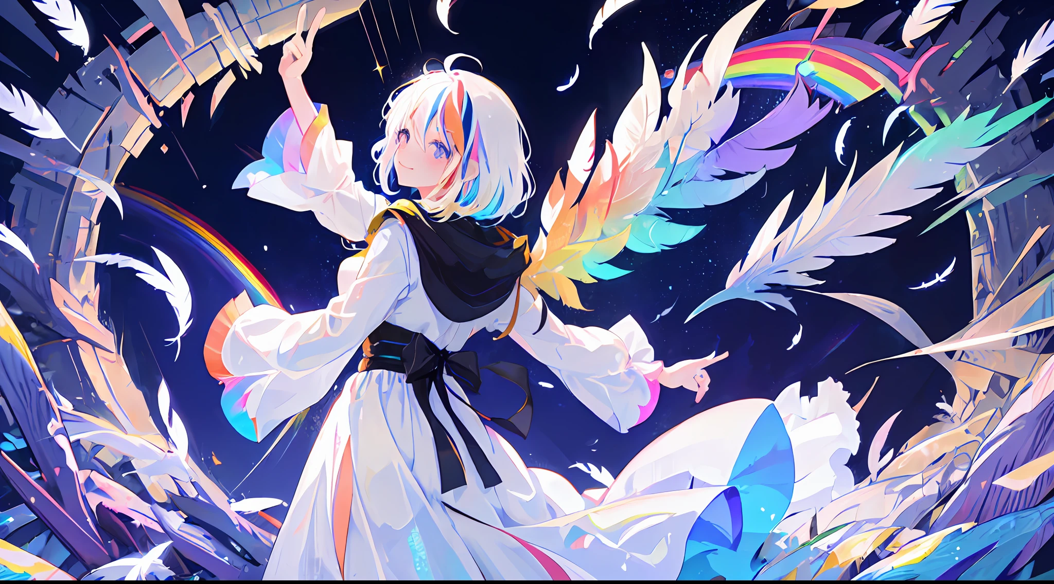 1girl, angle from the front, white hair (rainbow hair tips), face up, hair fluttering back, smile, happiness, white dress, iridescent eyes, transparent beautiful woman, transparent god, universe, peace sign, white feathers, iridescent pattern, dawn, mysterious, divine, comet, meteor shower, stars