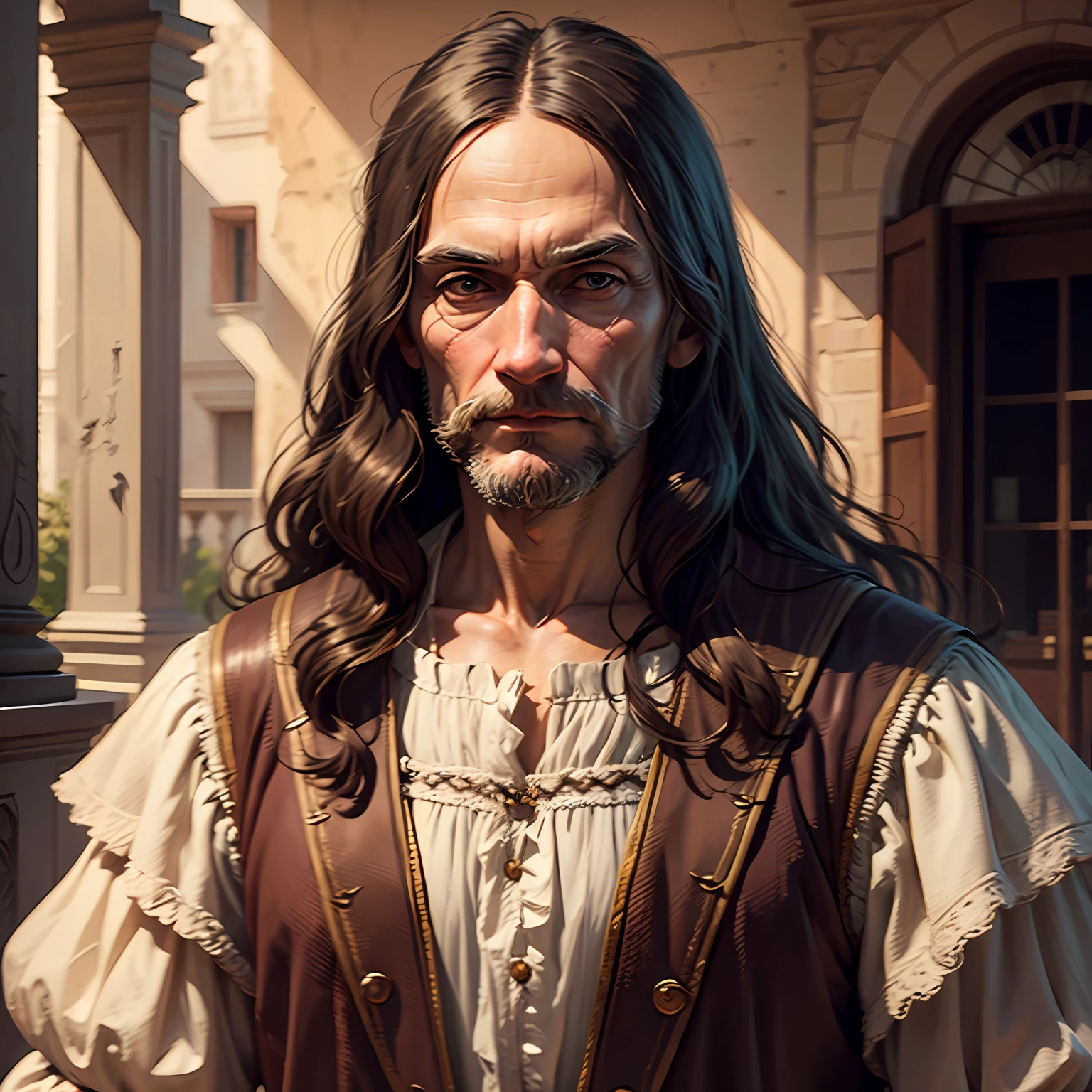 realistic image of old leonardo da vinci with renaissance clothes in italy, high quality, 8k, high resolution, high detailing, realistic, cinematic shading, vivid colors --auto