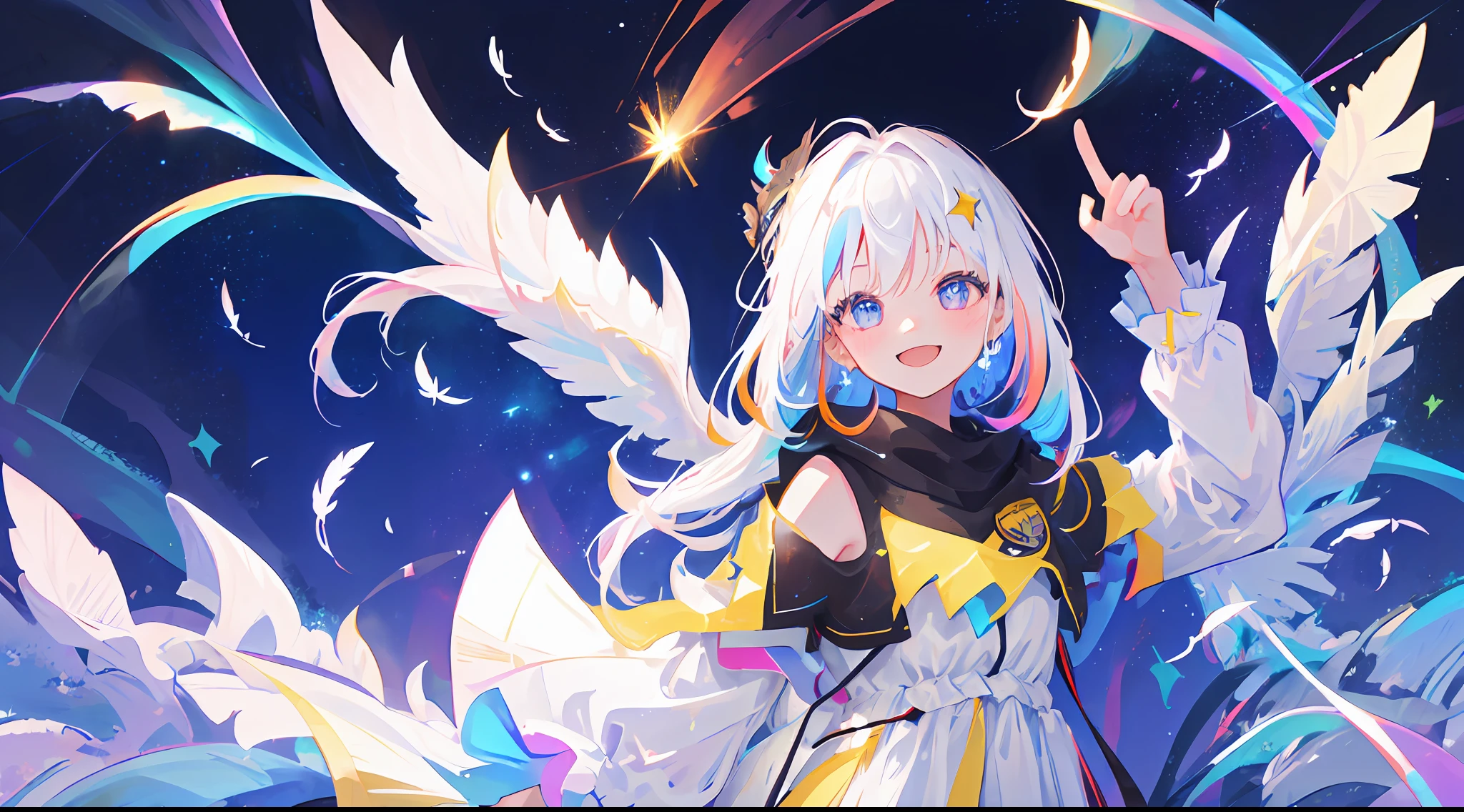 1girl, angle from the front, white hair (rainbow hair tips), face up, hair fluttering back, smile, happiness, white dress, iridescent eyes, transparent beautiful woman, transparent god, universe, peace sign, white feathers, iridescent pattern, dawn, mysterious, divine, comet, meteor shower, stars