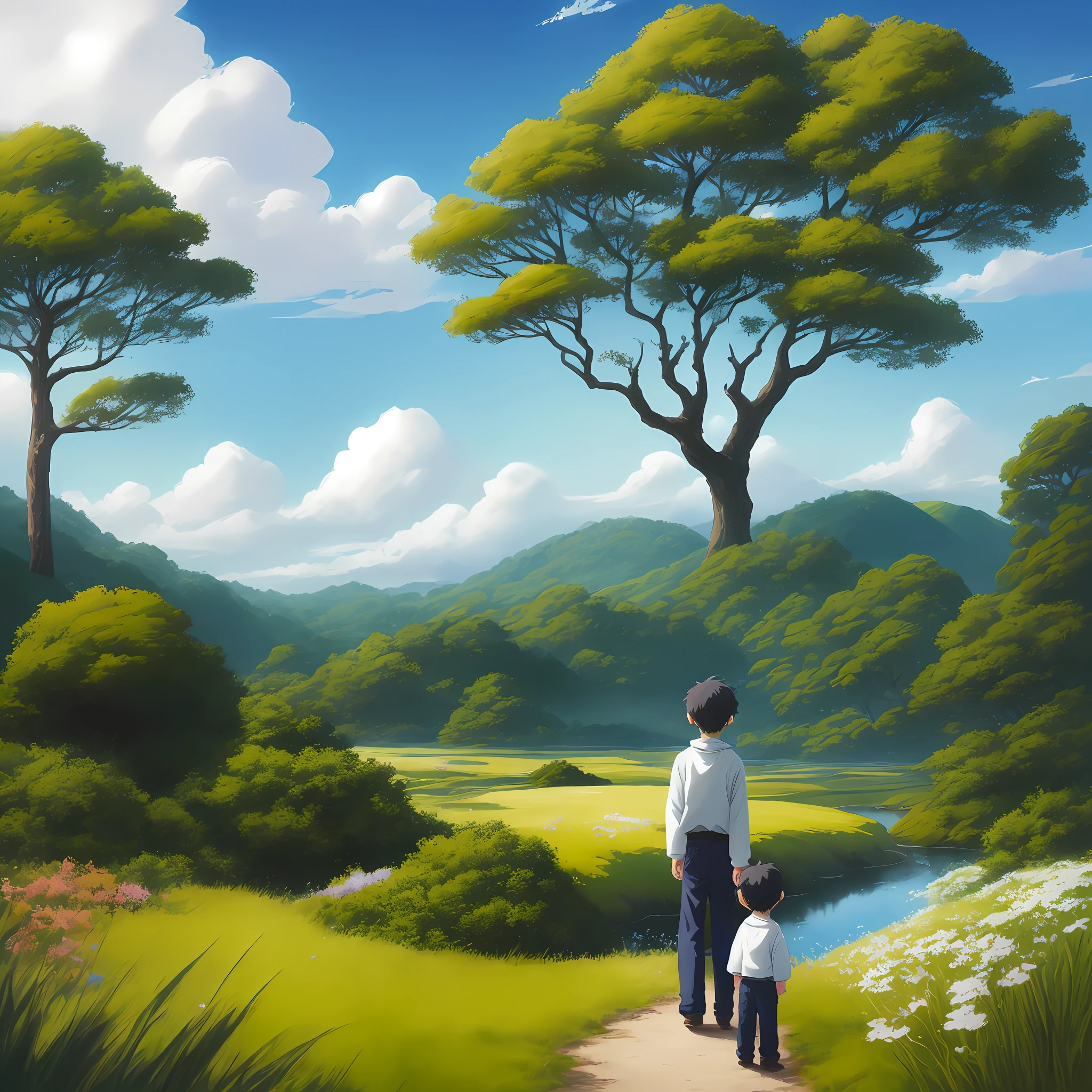 Hayao Miyazaki's world, beautiful forest, cute boy, (3 year old boy), blue sky, white clouds