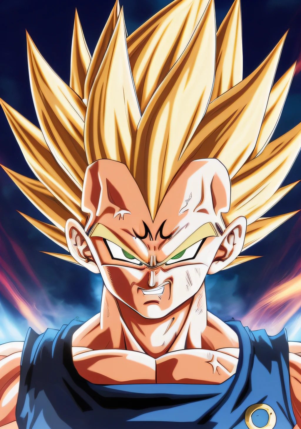 A Majin2 portrait, digital art, blonde ,blonde eyebrows,digital art, clenched fists, looking,full head,anatomically correct, (((8k resolution))) , M in front, copy of Majin Vegeta by Dragon Ball Z, 1 character  master piece,  super definition.