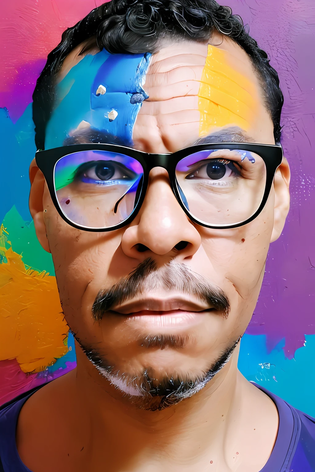 guttonerdvision6, award-winning photogrqafia, realistic portrait of a man wearing glasses, with detailed face, skin and pores. His face is smeared with colored paint representing glbt pride. Intricate, detailed, studio photo, studio lighting, details