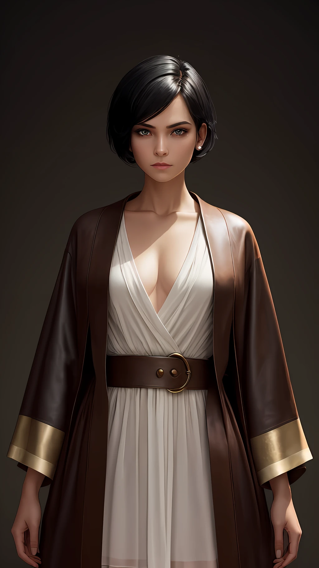 a young sorceress with very short black hair, big, bright green eyes and magical,
she is dressed in a light and delicate leather robe that covers her body from chest to toe, shoulders out, inspired by Johannes Helgeson, rpg, portrait,
The woman has an expression on her face that suggests he may be deeply in thought or concentration, His clothes appear to be made of different shades of white and bronze barely transparent, giving him an overall rustic look --auto