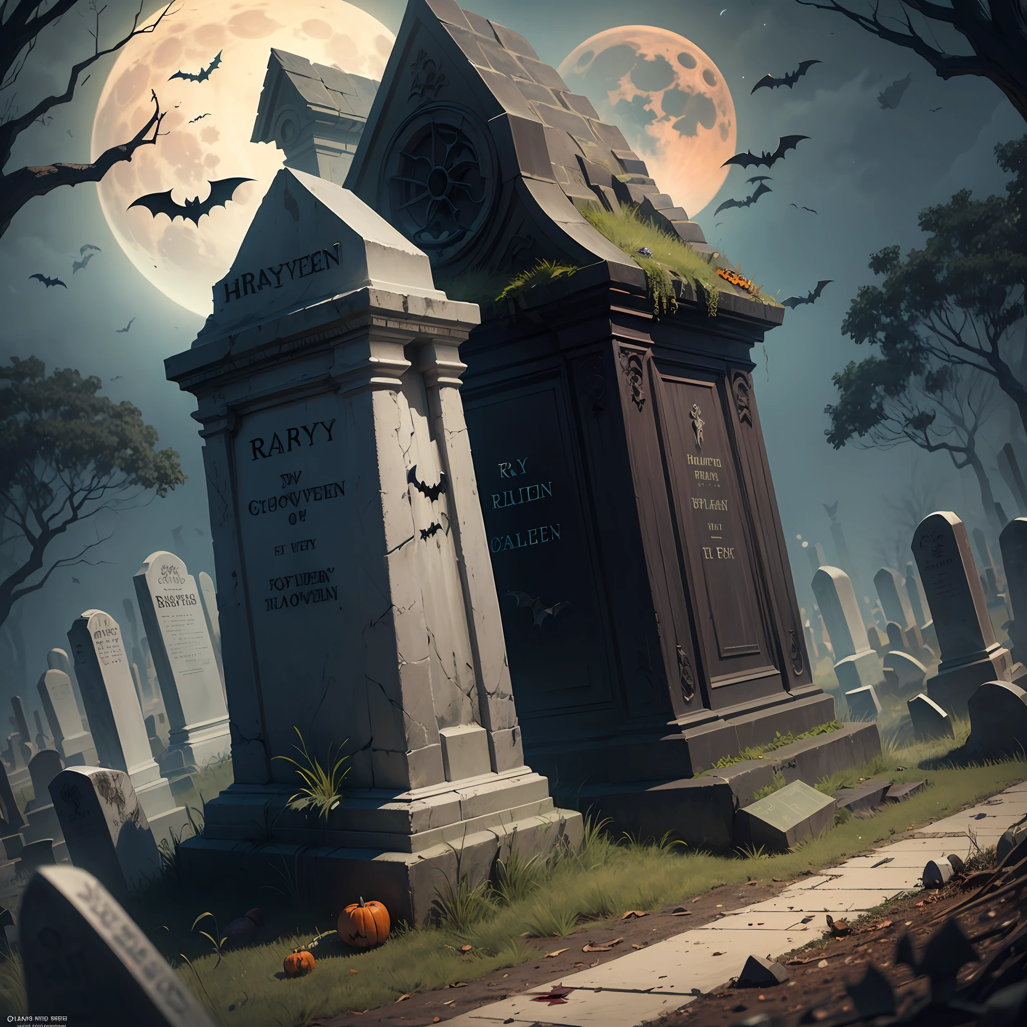 Halloween poster, graveyard, broken bones, bats, ray tracing, main tombstone, blood moon, outstanding realism