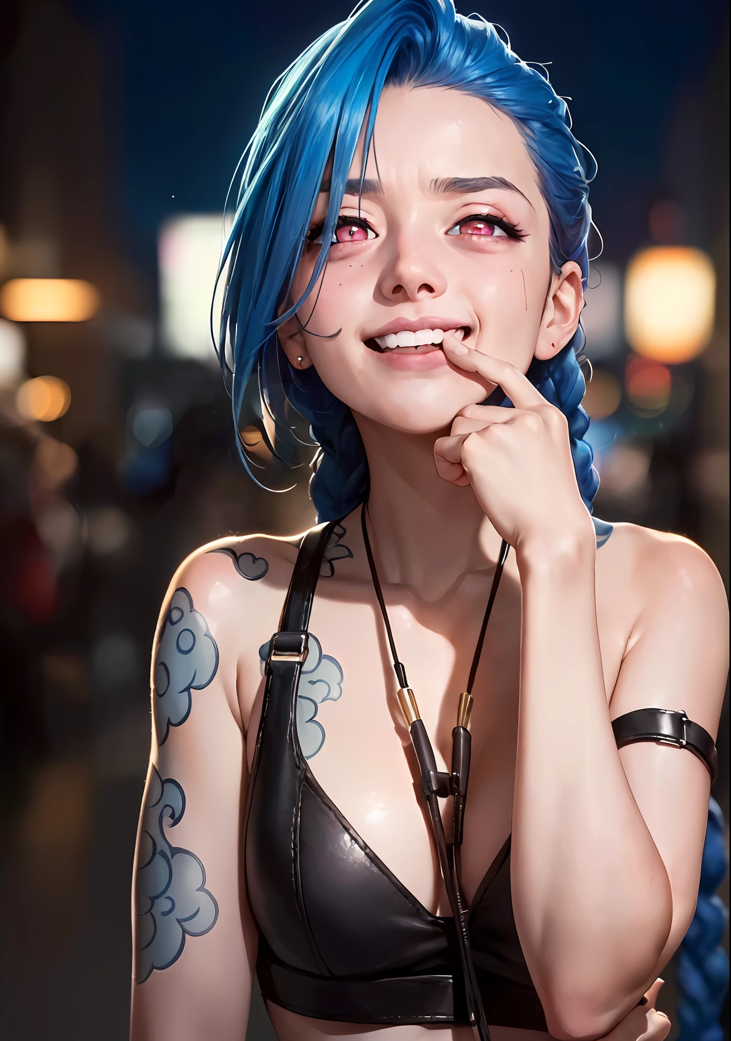 style, shooting style model, RAW (close portrait: 1.4) of (JinxLol:1.1), centered face, 1girl, (bright pink eyes: 1.7, blue hair), (shiny body), (hands off camera), looking at the viewer, (rotating machine gun), 
((badly: 1.3, lower head:1.3, night:1.3, scared:1.3, horrified:1.3, pupils constricted:1.7, crazy smile:1.6)), medium breasts, tattoo on the arm, tattoo on the stomach, best quality, epic (by Lee Jeffries photo, Sony A7, 50 mm, pores: 1.5, colors, hyperdetailed: 1.5, film grain: 1.4,
hyper-realistic: 1.5), hyper-realistic texture, masterpiece, unreal engine 5, extremely detailed CG unit 8k wallpaper, realistic eyes,
Crazily detailed photo, (ecstasy of light and shadow, deep shadow), (Winner of the Pulitzer Prize for Photography and the Taylor Wessing Prize for Photography)