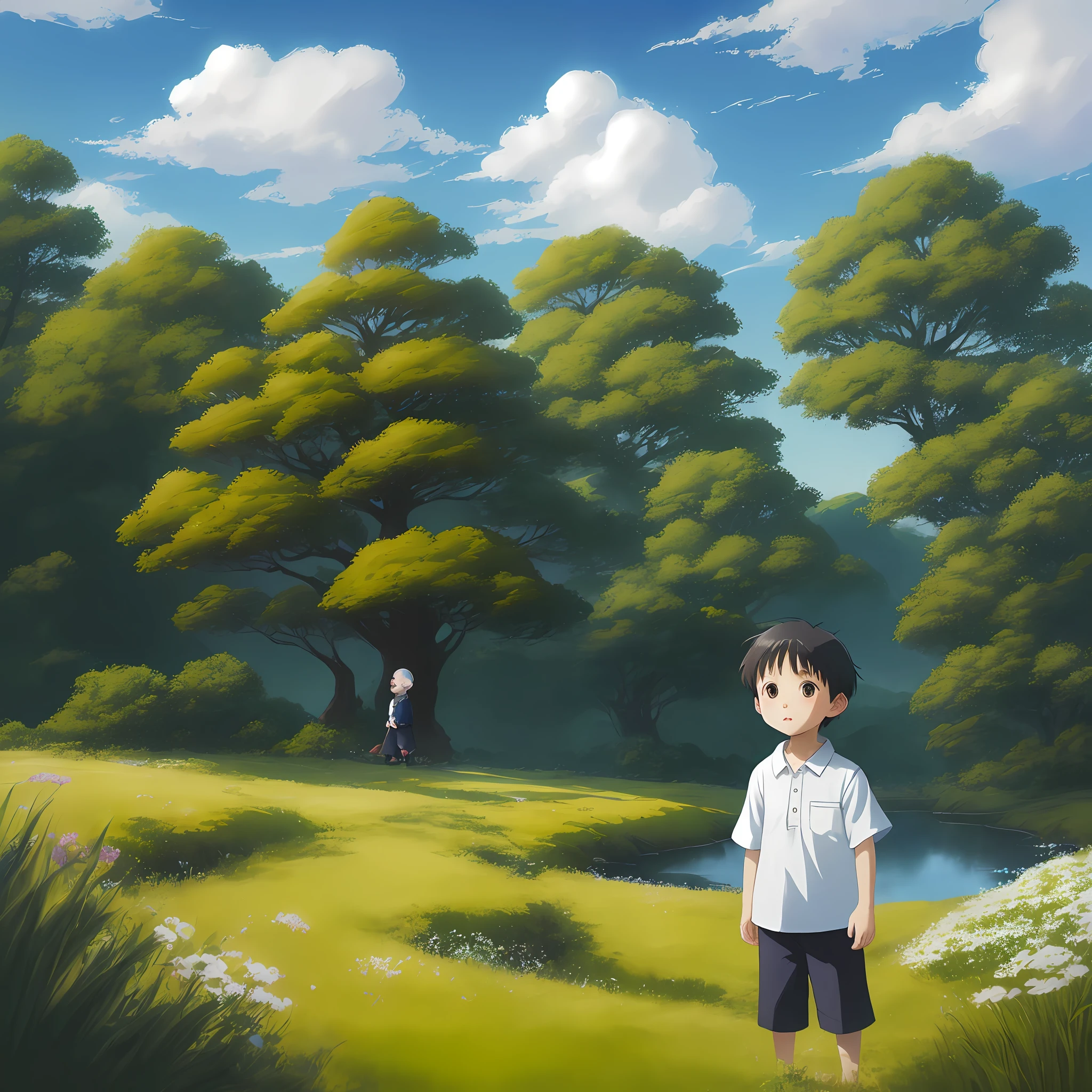 Hayao Miyazaki's world, beautiful forest, cute boy, (3 year old boy), blue sky, white clouds