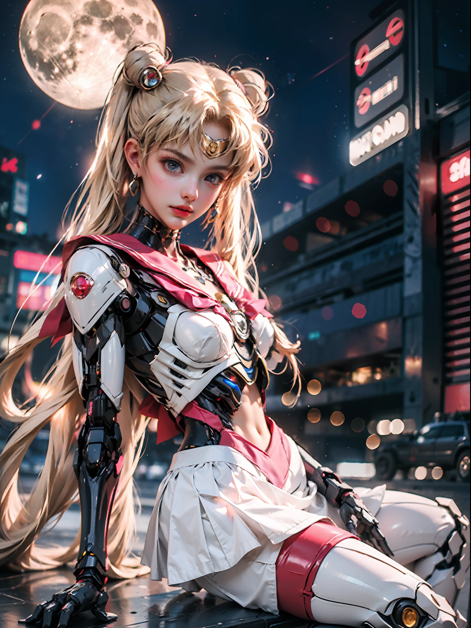 Masterpiece, detailed details, 1 mechanical girl: 1.4, cyberpunk style, sci-fi style, sailor Moon, long blonde hair, humanoid body, red and white sailor suit, red bow on chest, delicate facial features, silver robotic arm, pink short skirt, night, starry sky, moon in the background