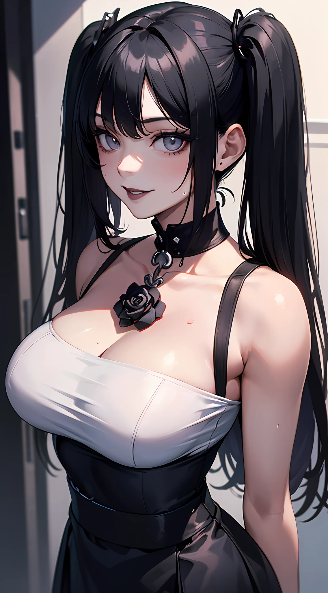 ((Best quality)), ((masterpiece)), (detailed: 1.4), beautiful woman, short black shirt open, short skirt, black hair locks gray, fringe twin tails, black rose, skull, neckline, sweaty, wide square, defined body, body shine, sarcastic smile, dark, black lipstick, ink, (solo), realistic,((masterpiece)), (best quality), (detailed), (1 girl), large breasts, sexy, thicc