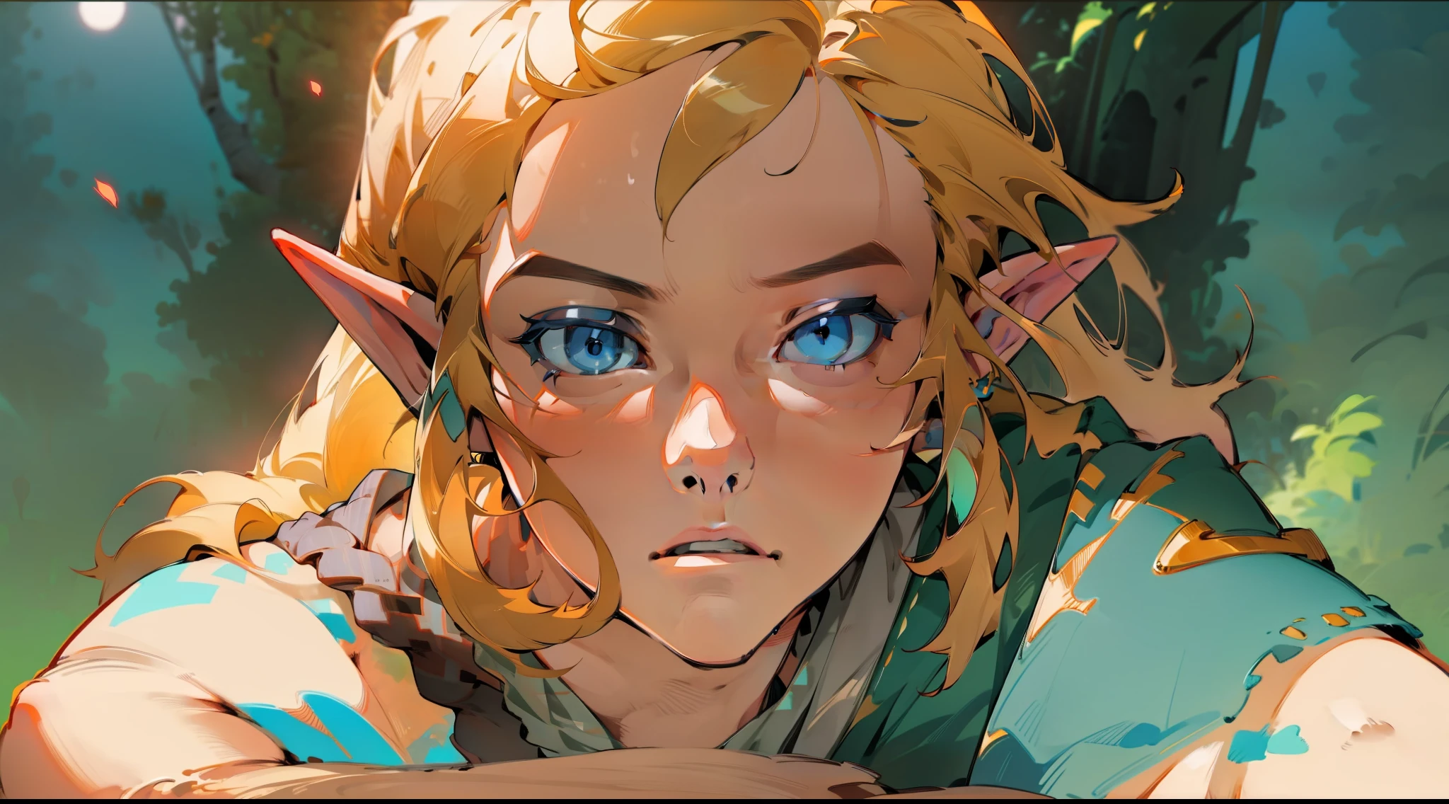 (8k, RAW photo, best quality, masterpiece: 1.2), (realistic, photorealistic: 1.37), (1boy) blond hair, (((/dull blue eyes/))), calm expression, closed mouth, (antique, covered and), (((NOT NSFW))) hyrule background, (((night))) moonlight, fantastic atmosphere, beautiful lights, perfect and detailed face, beautiful and melancholy face, young elf man of 20 years, (((FULL BODY))) hyrule kingdom, dense forest, beautiful background, wallpaper, 8K