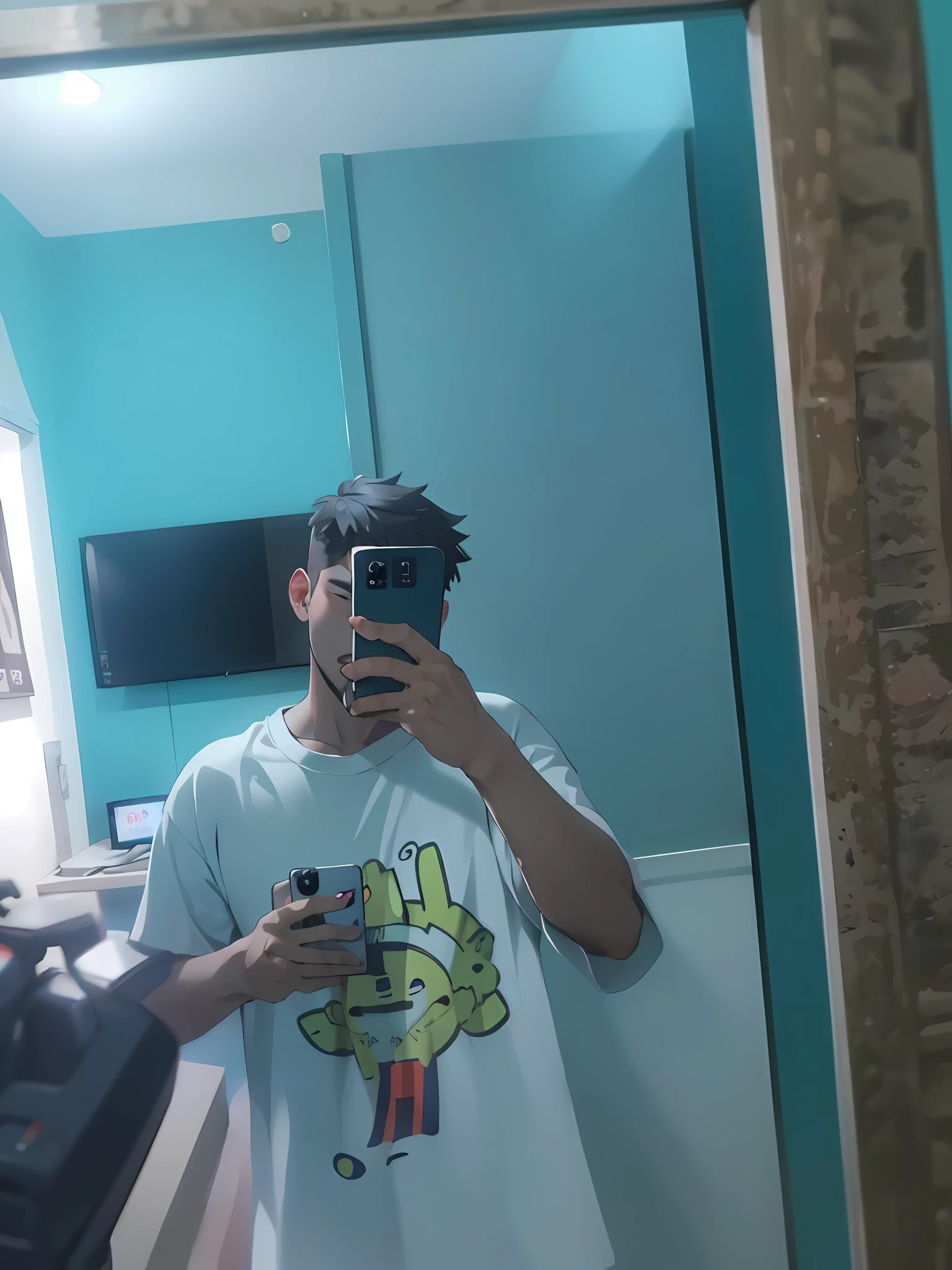 there is a man taking a picture of himself in a mirror, in tshirt, mirror selfie, very very low quality picture, frontal picture, 8k selfie photograph, front profile!!!!, taken with the best dlsr camera, selfie!!!!! of a man, blurry image, from 8 k matte, around 1 9 years old, selfie photo, low quality photograph, selfie!!!!!