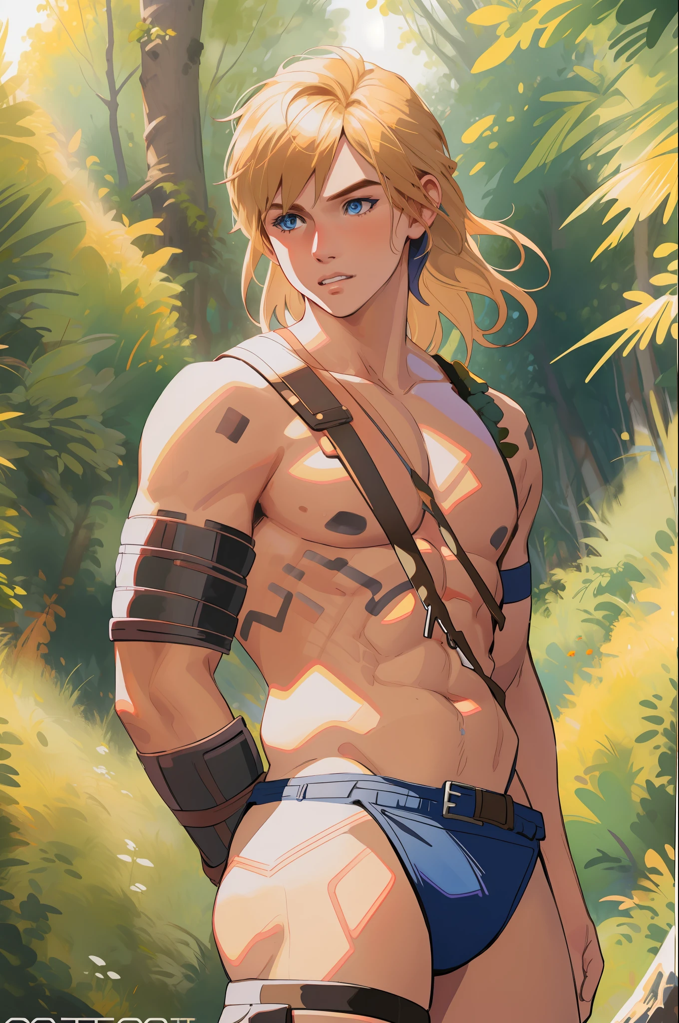 (Award Winning Digital Artwork:1.3) of (Ultra detailed:1.3) 1boy, leaning, seducing, blue eyes, blond hair, beautiful forest, shirtless, black thong, straps, harness, bondage,CGSociety,ArtStation