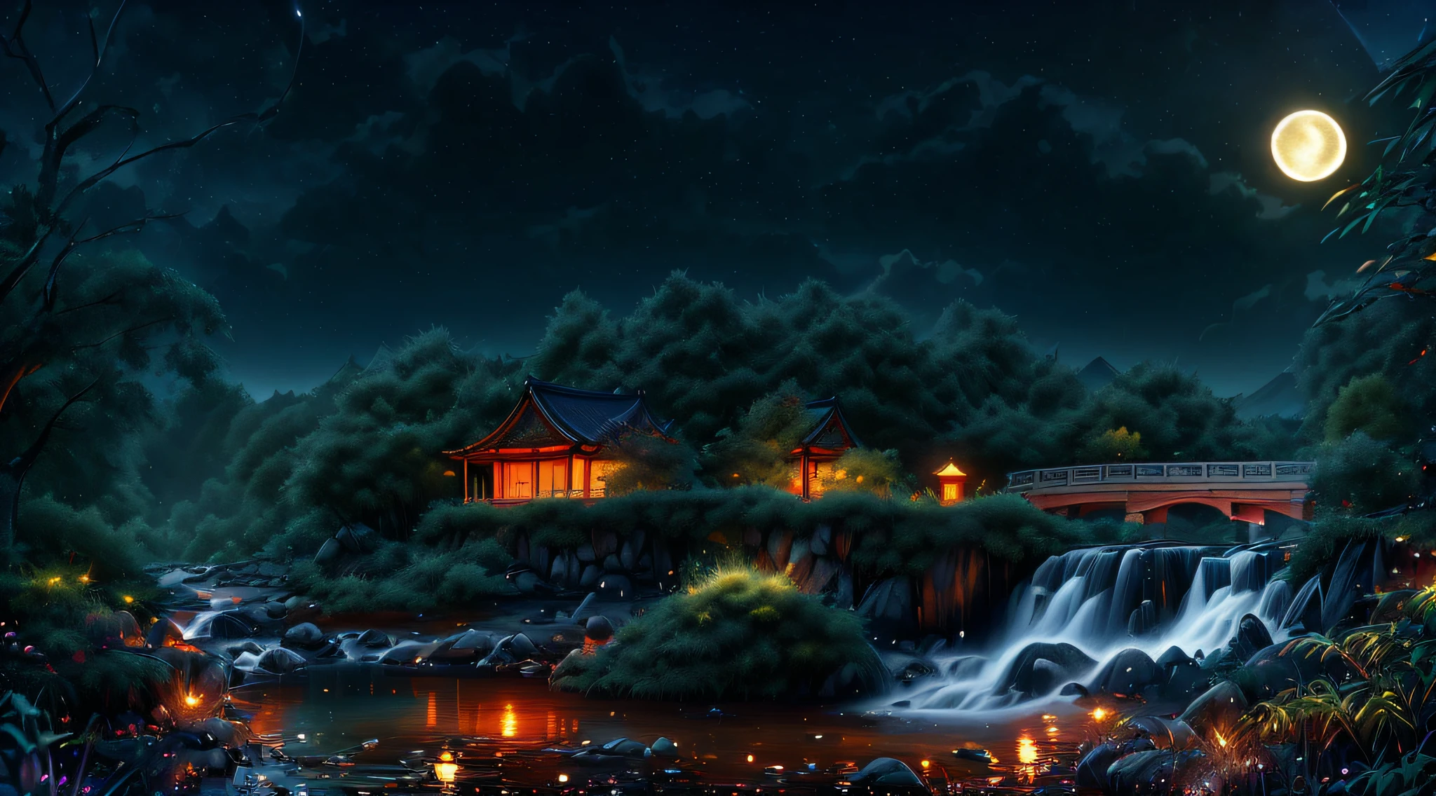 ((diffuse colors)) Ancient Chinese architecture, cool colors, dark night, moon, garden, bamboo, lake, stone bridge, rockery, arch, corner, tree, running water, landscape, outdoor, waterfall, grass, rock, intense rainfall, thunderstorm, vines all around, giant and wet trees, with glowing leaves in the trees, glowing fireflies and glowing particle effects, masterpiece, best quality, high quality, extremely detailed CG unity 8k wallpaper, oil paiting, award winning photography, Bokeh, Depth of Field, HDR, bloom, ,Photorealistic,extremely detailed, trending on artstation, trending on CGsociety, Intricate, High Detail, dramatic, art by midjourney, volumetric lighting
