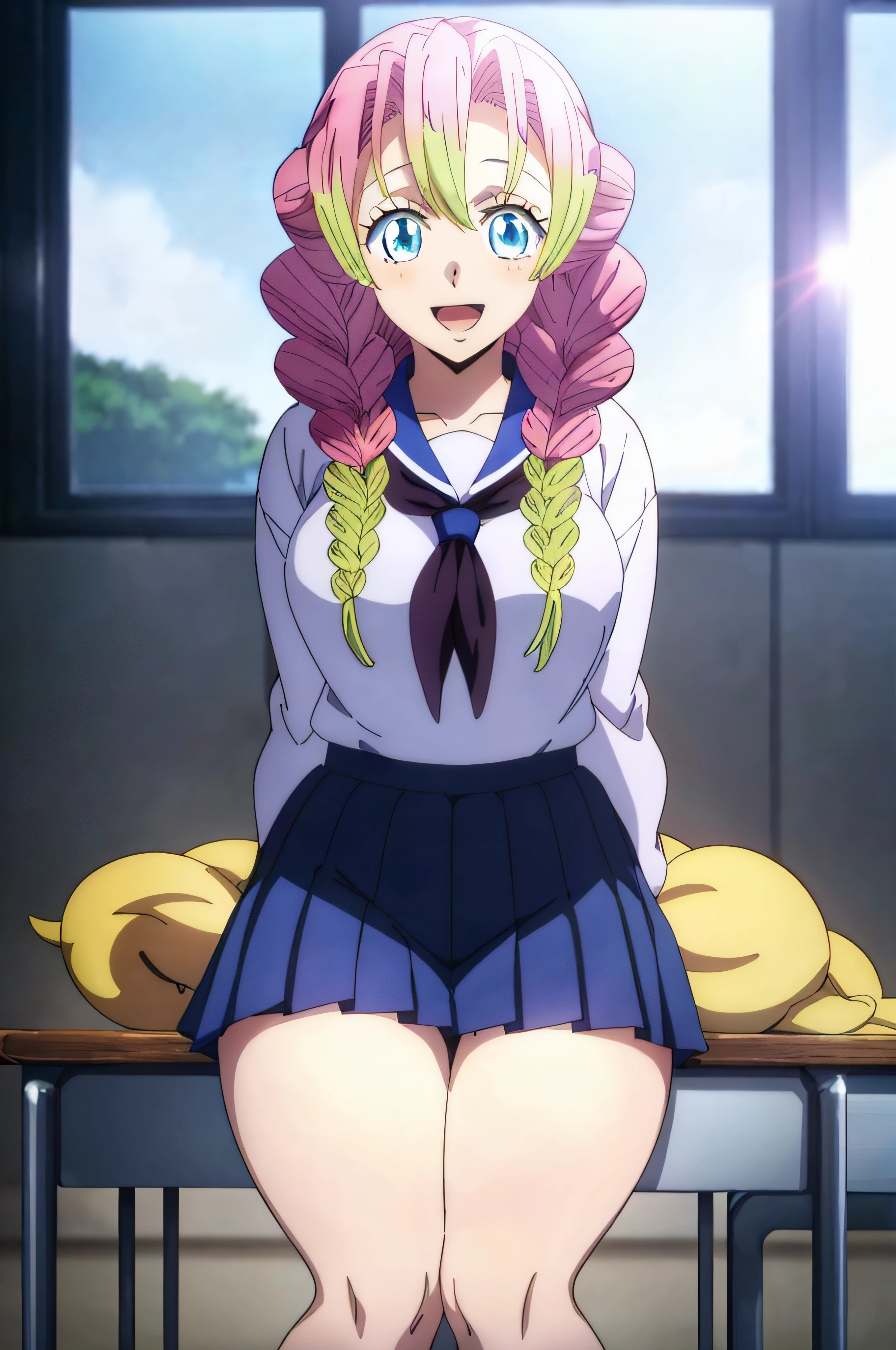 anime girl with pink hair sitting on a bench in a room, the anime girl is crouching, anime visual of a cute girl, anime best girl, anime still image, today's featured anime still, illustrious makinami, marin kitagawa fanart, official anime still, anime girl named lucy, anime still, beautiful anime high school girl, official studio anime still