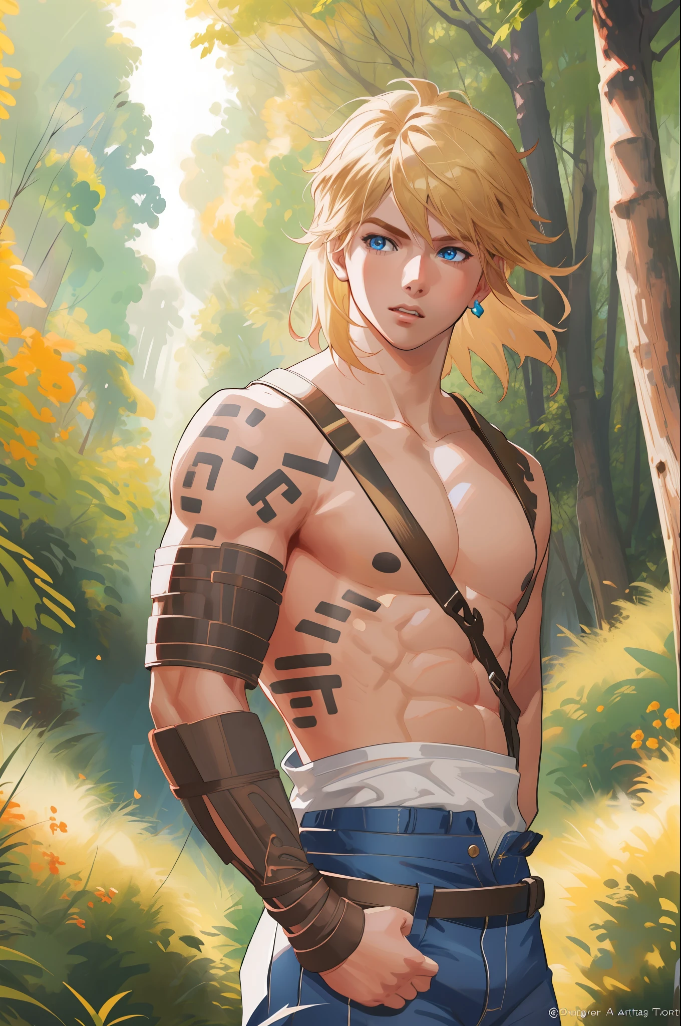 (Award Winning Digital Artwork:1.3) of (Ultra detailed:1.3) 1boy, leaning, seducing, blue eyes, blond hair, beautiful forest, shirtless, black thong, straps, harness, bondage,CGSociety,ArtStation