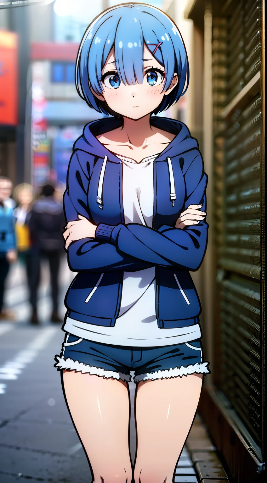 masterpiece, rem rezero, blue hair, blue eyes, detailed eyes, neutral face, blue jacket hoodie, white shirt, dark shorts, casual oufit, middle of the street, legs apart, arms crossed,