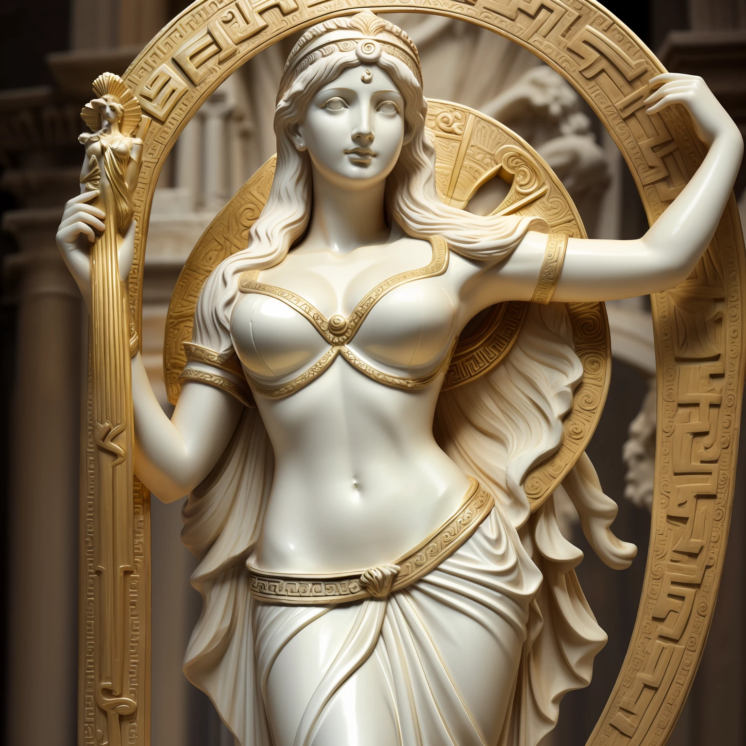 Aphrodite, white dress like Greek goddess, female alafed statue, two arms, two legs, mysterious universe background, goddess of love, Greek goddess of love and peace, goddess of Venus, goddess of light, goddess of Hestia, beautiful goddess, Greek goddess, goddess of wisdom, Greek goddess Athena, holy goddess, Only one person