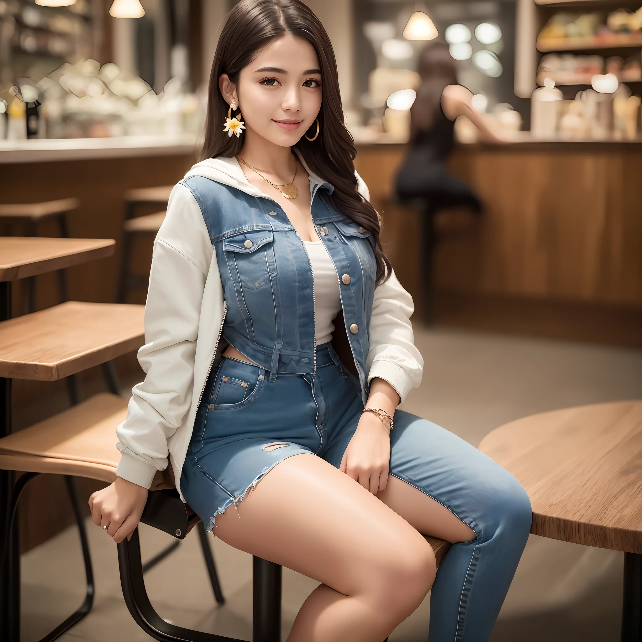 (夜店里 比基尼美女 起舞) (8k, best quality, masterpiece, ultra highres:1.2), 1 girl, full body, sitting in a chair, leaning towards the viewer, beautiful 22-year-old Latina woman named Grace wearing a zipperless hood, jeans, blush, smile, jacket earrings, gold necklace, flower in hair, tight body, fit body, shaker interior, official night art, ultra high res,  professional photography, sharp focus, HDR, 8K resolution, intricate details, sophisticated details, depth of field, DSLR RAW, photorealistic, --auto
