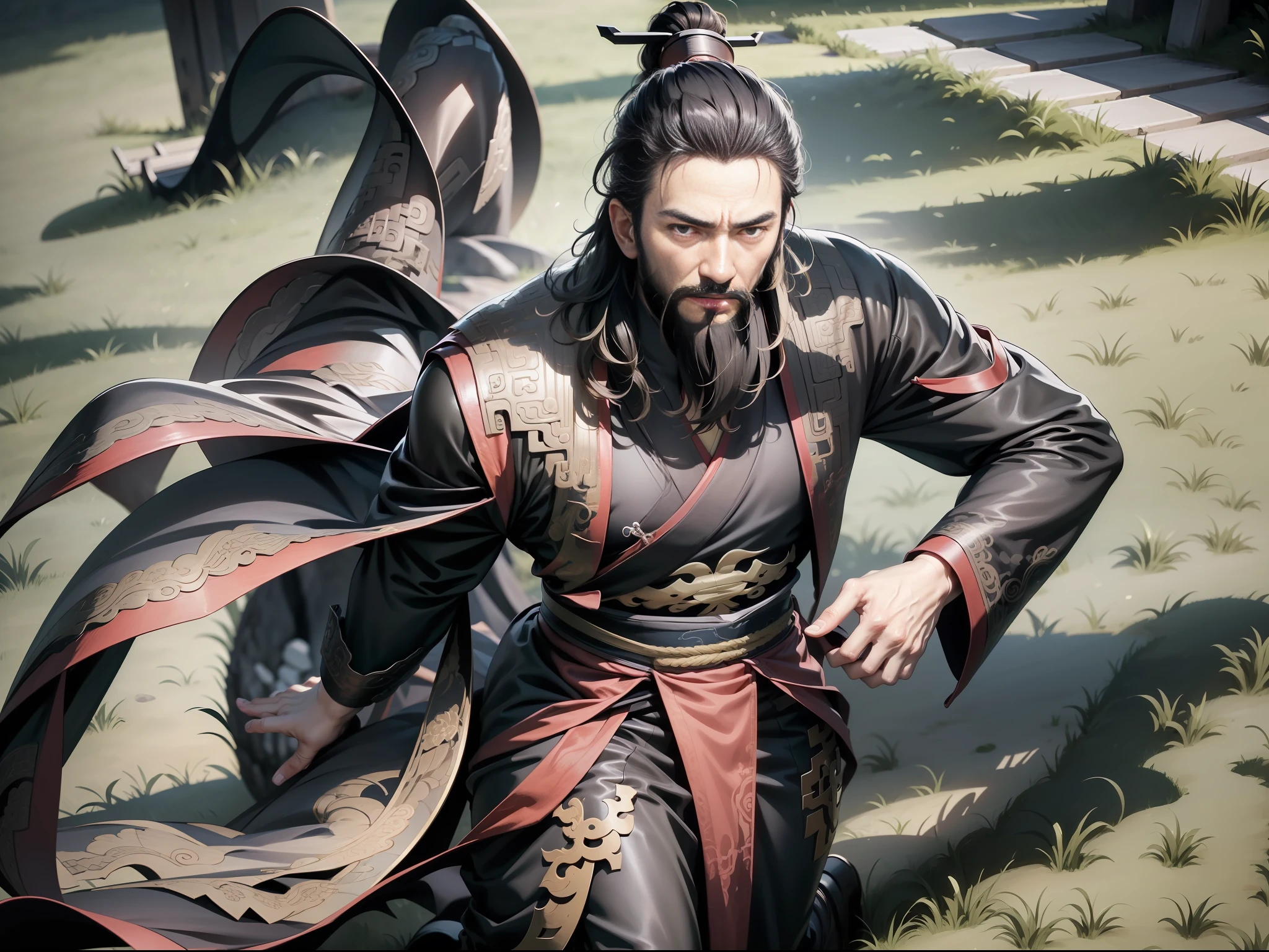 Ultra HD, ultimate masterpiece, high detail depiction, best picture quality, 8k, anime style, Chinese Han Dynasty, a mature man, 35 years old, headpin, super detailed face, beard, black eyes, wearing Hanfu, black belt, black leather boots, standing on the grass, full body, far view