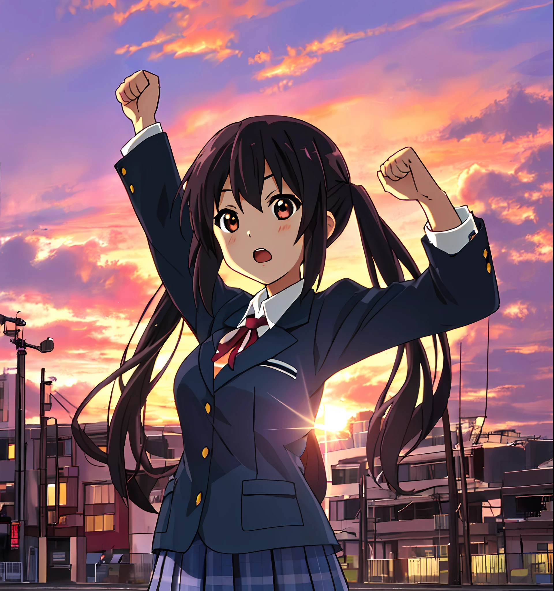 1girl, ((((Masterpiece))), Best Quality, Best Quality, High Detail, Azusa Nakano, 1girl, Sakuragaoka High School Uniform, Musical Instrument, School Uniform, Twin Tails, Long Hair, Black Hair, Brown Eyes, Solo, Red, Dark blue blazer with a thin ribbon of red, Solid white button shirt under blazer, Illustration, Cartoon, Soothing tones, Muted colors, Soft cinematic light, Adobe Lightroom, Photo Lab, HDR, complex and highly detailed, (((depth of field))))). (((Masterpiece))). (((highest quality))).) ((super detail))). (((Illustration))). (((fighting stance))).,((((Gigantic))).dynamic focus. (((skyscrapers))). (((Cityscape))). (((Despair Face))). open mouth. (((Sunset))). (((Sunset))). (((clench fists))). (((Proud))). (((small breasts))). (((Raise arms))). (((One arm is bent))).