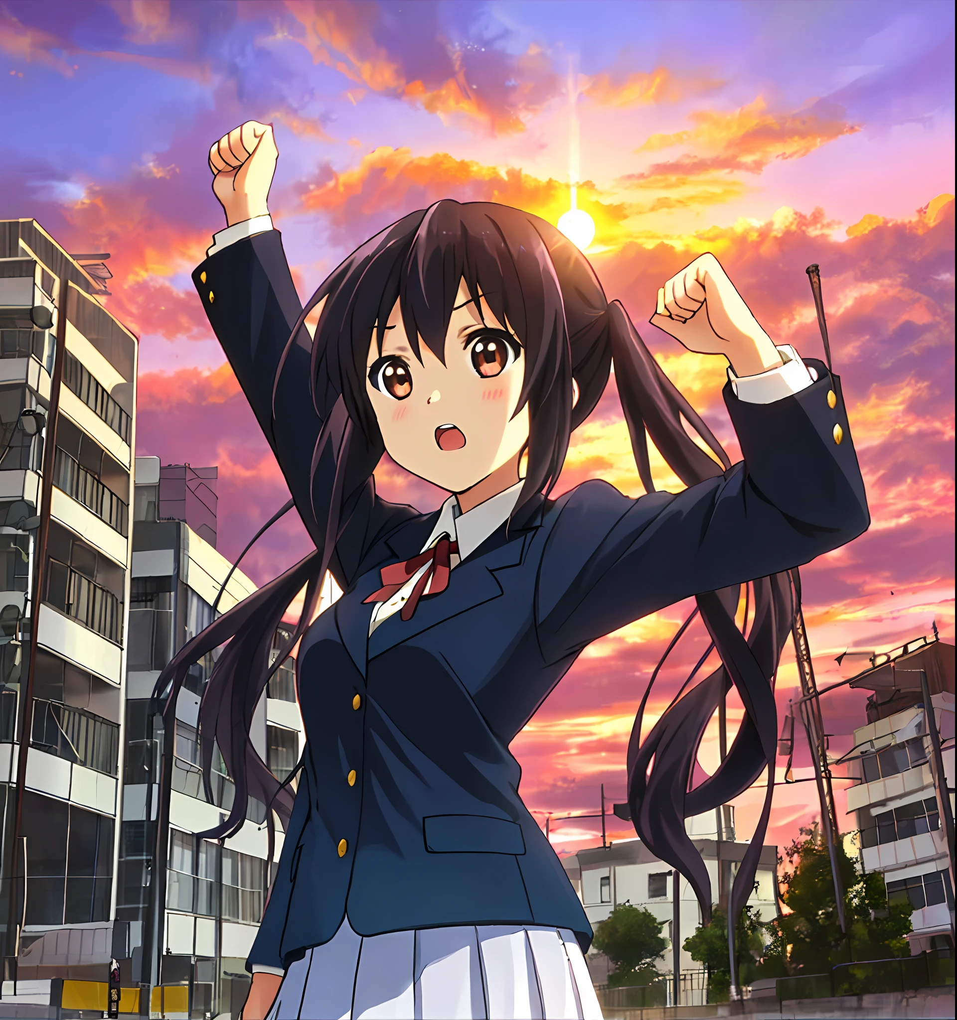 1girl, ((((Masterpiece))), Best Quality, Best Quality, High Detail, Azusa Nakano, 1girl, Sakuragaoka High School Uniform, Musical Instrument, School Uniform, Twin Tails, Long Hair, Black Hair, Brown Eyes, Solo, Red, Dark blue blazer with a thin ribbon of red, Solid white button shirt under blazer, Illustration, Cartoon, Soothing tones, Muted colors, Soft cinematic light, Adobe Lightroom, Photo Lab, HDR, complex and highly detailed, (((depth of field))))). (((Masterpiece))). (((highest quality))).) ((super detail))). (((Illustration))). (((fighting stance))).,((((Gigantic))).dynamic focus. (((skyscrapers))). (((Cityscape))). (((Despair Face))). open mouth. (((Sunset))). (((Sunset))). (((clench fists))). (((Proud))). (((small breasts))). (((Raise arms))). (((One arm is bent))).