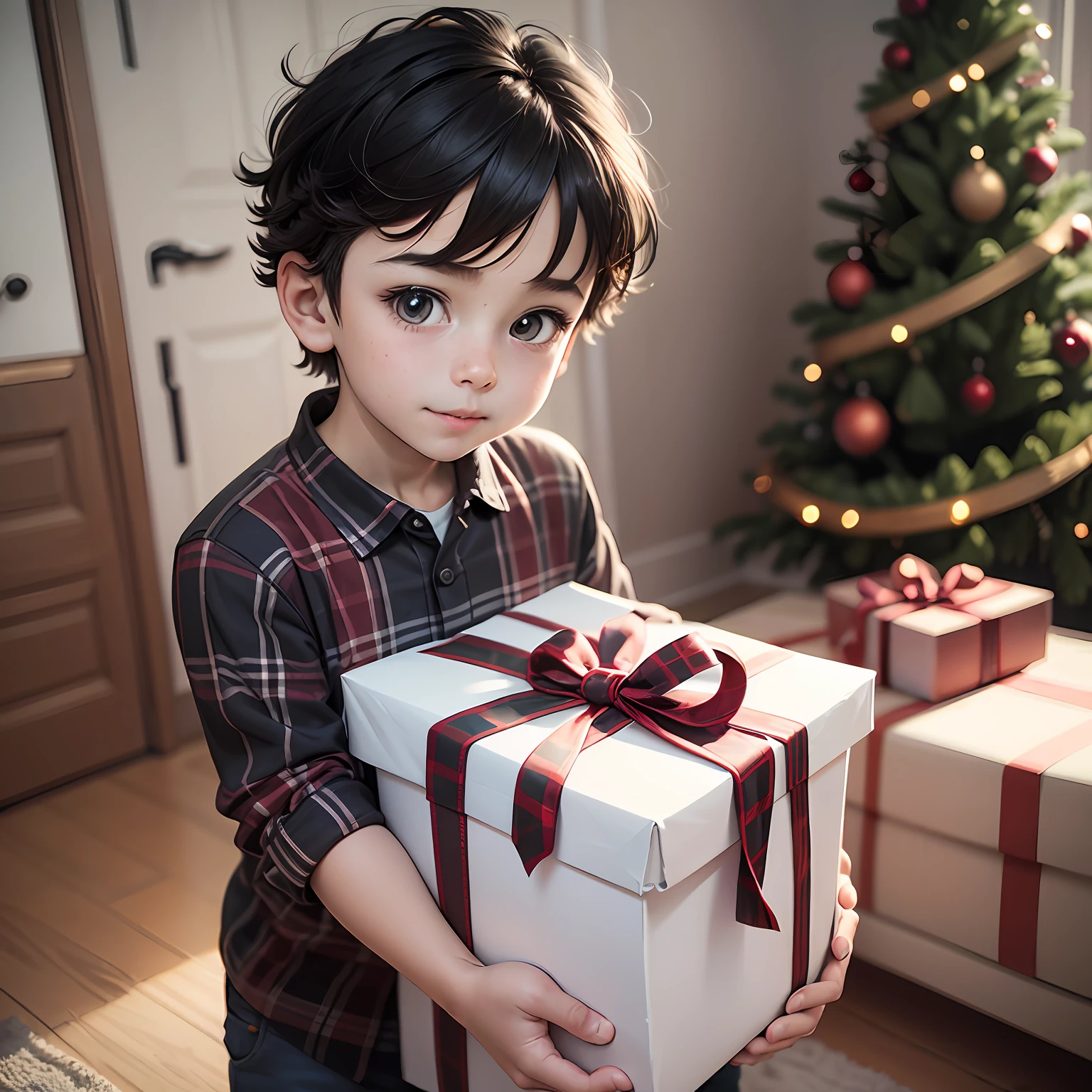 cartoon illustration 8 year old child boy, black and white plaid shirt, black hair and big brown eyes, in the living room decorated for Christmas, christmas tree, opening large gift box, surprised and thrilled, Disney Pixar style, lo-fi, father and mother cuddled watch happy son