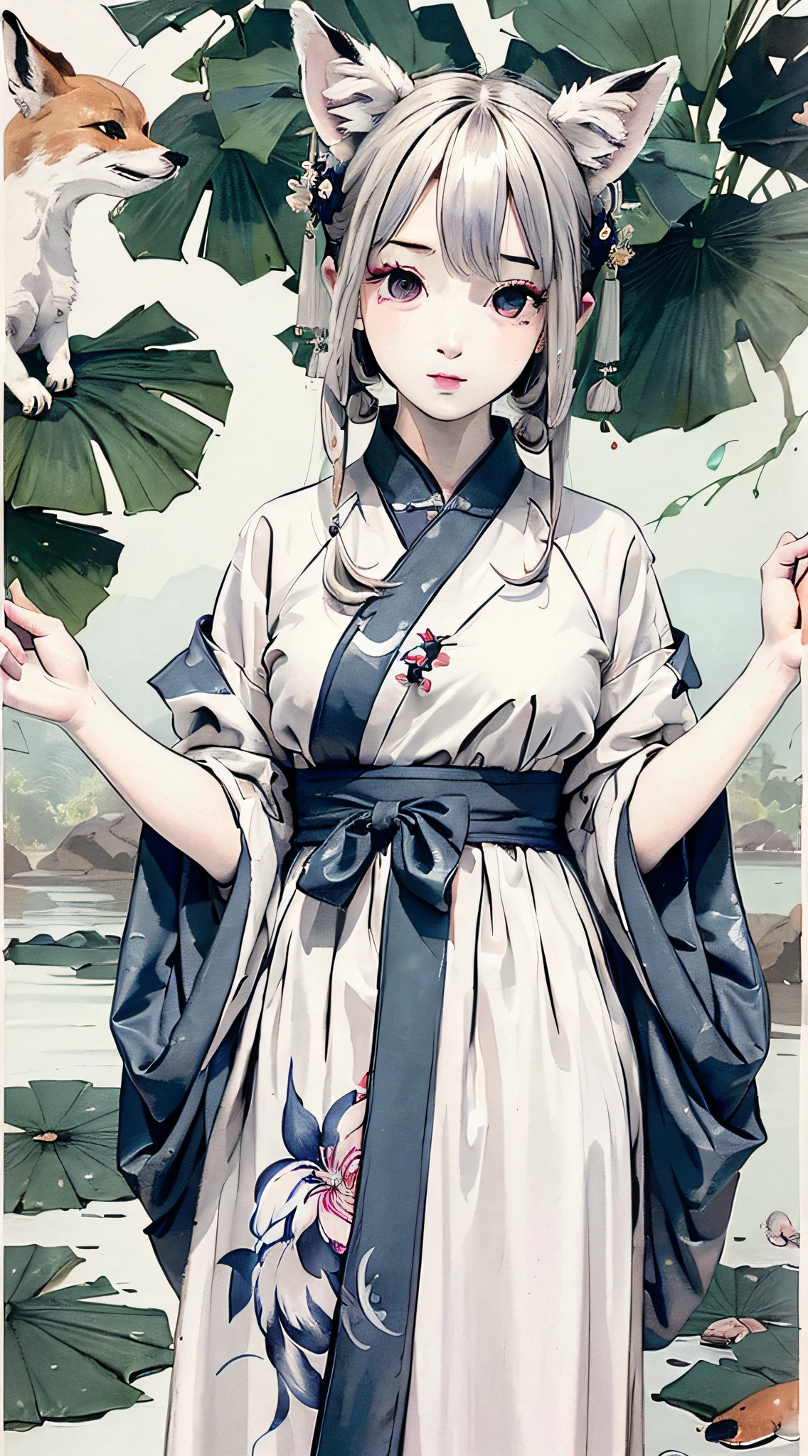 ((4k,masterpiece,best quality)), shuimobysim, traditional chinese ink painting, lotus, hanfu, china_dress, dress conservatively , 1 Girl, solo, white hair, fox ears, white, fish, many fish near boy, look at viewer, tease,onee-shota,