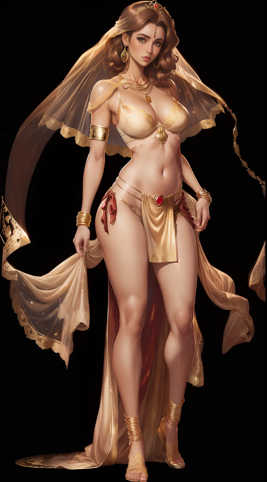((full body)), (((head to toe))), 1 female, solo, beautiful blushing slender Goddess of Arises (((with curry beige hair))), small bust, narrow waist, thin legs, (((against Arises background))), (((gorgeous gold lace brassiere, loincloth))), ruby necklace, ruby tiara, gold veil, (((American comic style with dark contours))), (((art by J. Scott Campbell)))