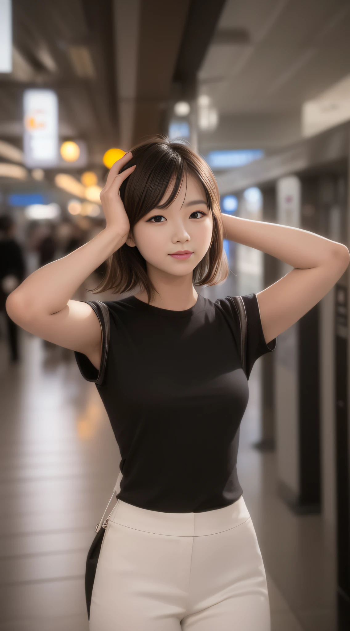 There is a woman standing in the subway station, holding her hair, short hair, beautiful young korean woman, gorgeous young korean woman, shot with sigma 2 0 mm f 1. 4, beautiful korean woman, korean girl, a young japanese girl, 8k art germ bokeh, a cute young woman, beautiful japanese girl face, full body shot