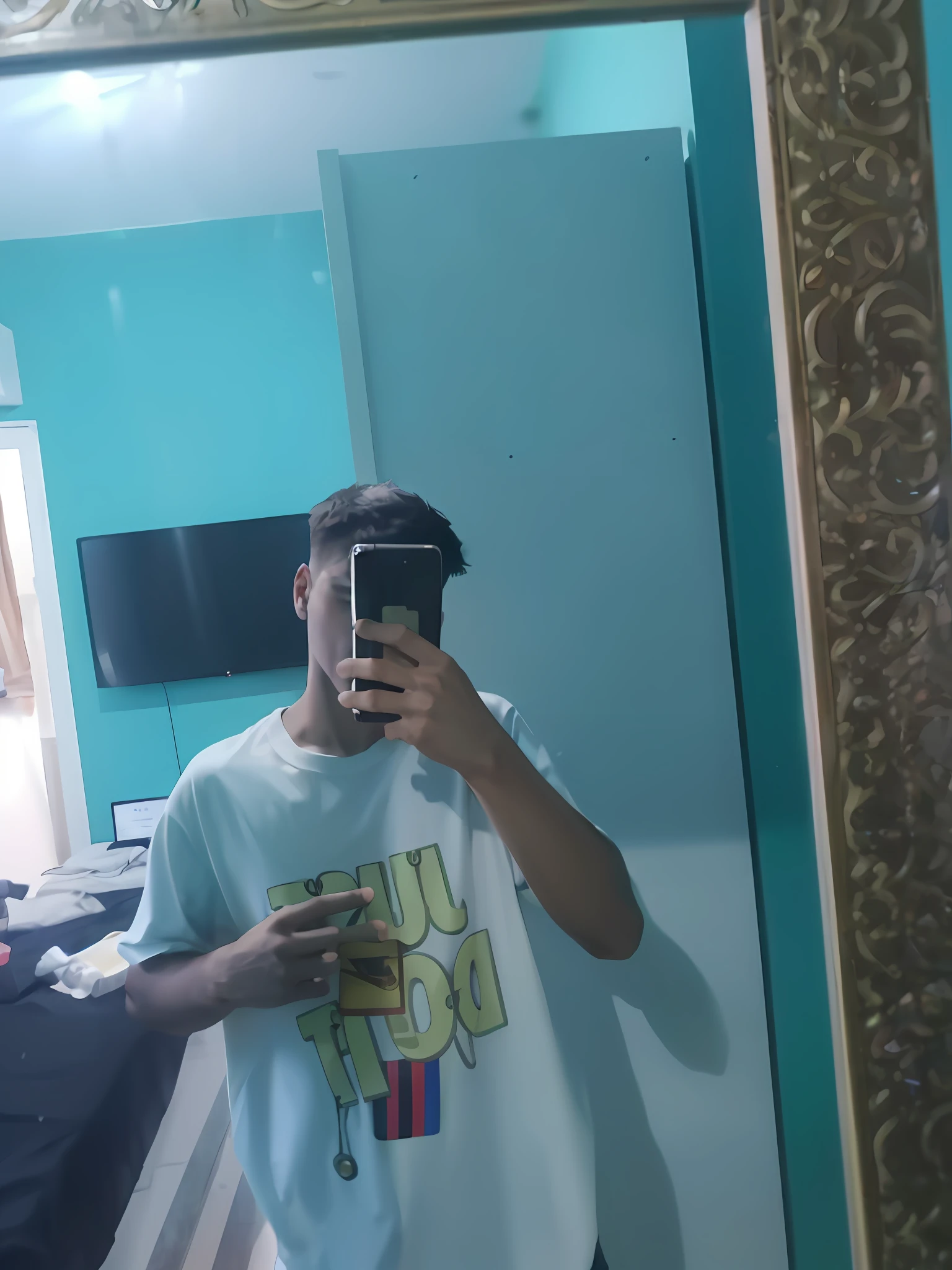 there is a man taking a picture of himself in a mirror, in tshirt, mirror selfie, very very low quality picture, frontal picture, 8k selfie photograph, front profile!!!!, taken with the best dlsr camera, selfie!!!!! of a man, blurry image, from 8 k matte, around 1 , selfie photo, low quality photograph, selfie!!!!!