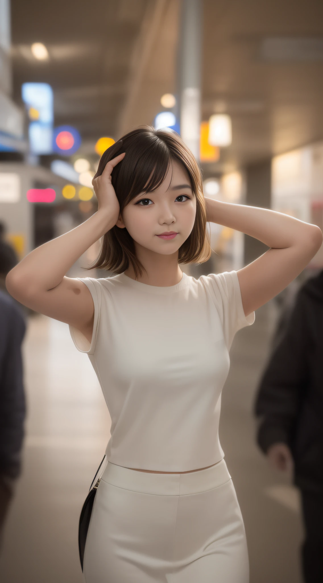There is a woman standing in the subway station, holding her hair, short hair, beautiful young korean woman, gorgeous young korean woman, shot with sigma 2 0 mm f 1. 4, beautiful korean woman, korean girl, a young japanese girl, 8k art germ bokeh, a cute young woman, beautiful japanese girl face, full body shot