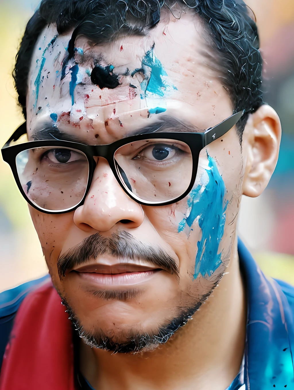 guttonerdvision6, award-winning photogrqafia, realistic portrait of a man wearing glasses, with detailed face, skin and pores. His face is dirty with colored paint, various colors, splattered on his face. Intricate, detailed, studio photo, studio lighting, details