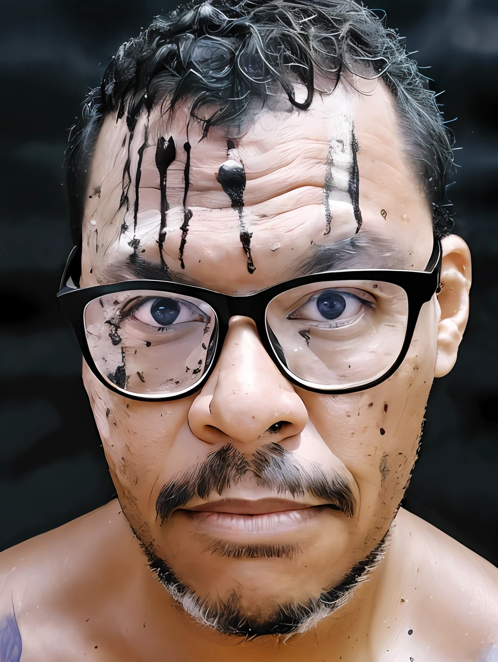 guttonerdvision6, award-winning photogrqafia, realistic portrait of a man wearing glasses, with detailed face, skin and pores. His face is dirty with colored paint, various colors, splattered on his face. Intricate, detailed, studio photo, studio lighting, details