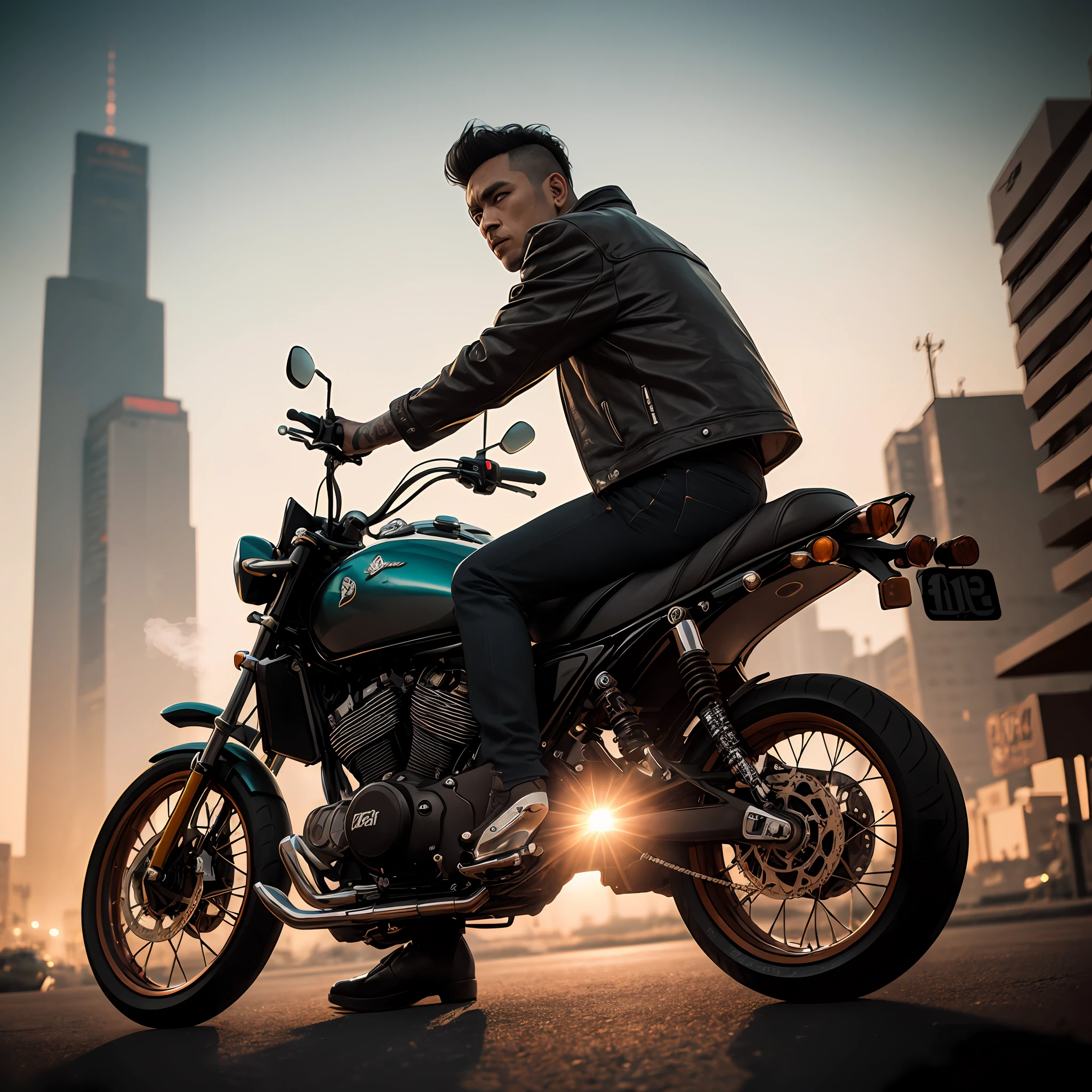 Masterpiece, (ultra-detailed), (anthropomorphism), samurai theme, jaguar, jacket, riding motorcycle in low light, tattoos, machine gun, smoke, shadows, corrupted cityscape, maximum quality, solo focus, (little: 1.04), muscular man, full body, intricate., by lee jeffries nikon d850 film photography 4 kodak portra 400 camera lens f1.6 rich colors hyper realistic texture dramatic lighting unreal engine trend in artstation cinestill 800 (vignette:  1.3)filmgrain --auto